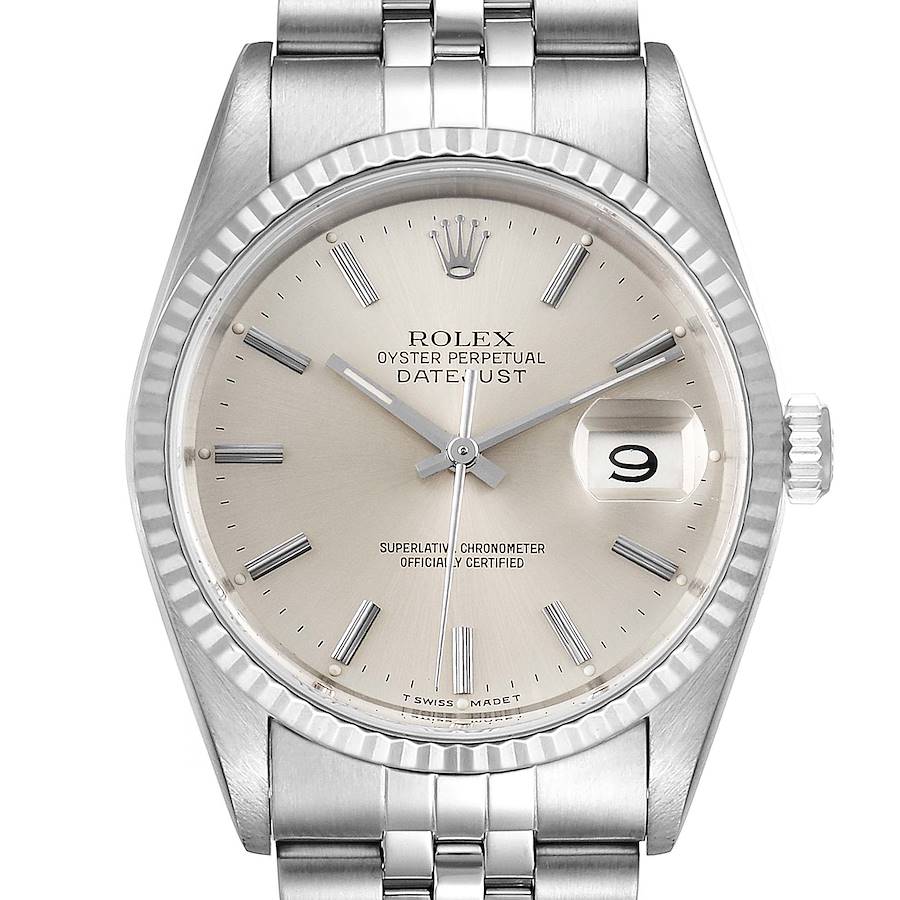Rolex Datejust Silver Dial Fluted Bezel Steel White Gold Mens Watch 16234 - ADD 2 LINKS SwissWatchExpo