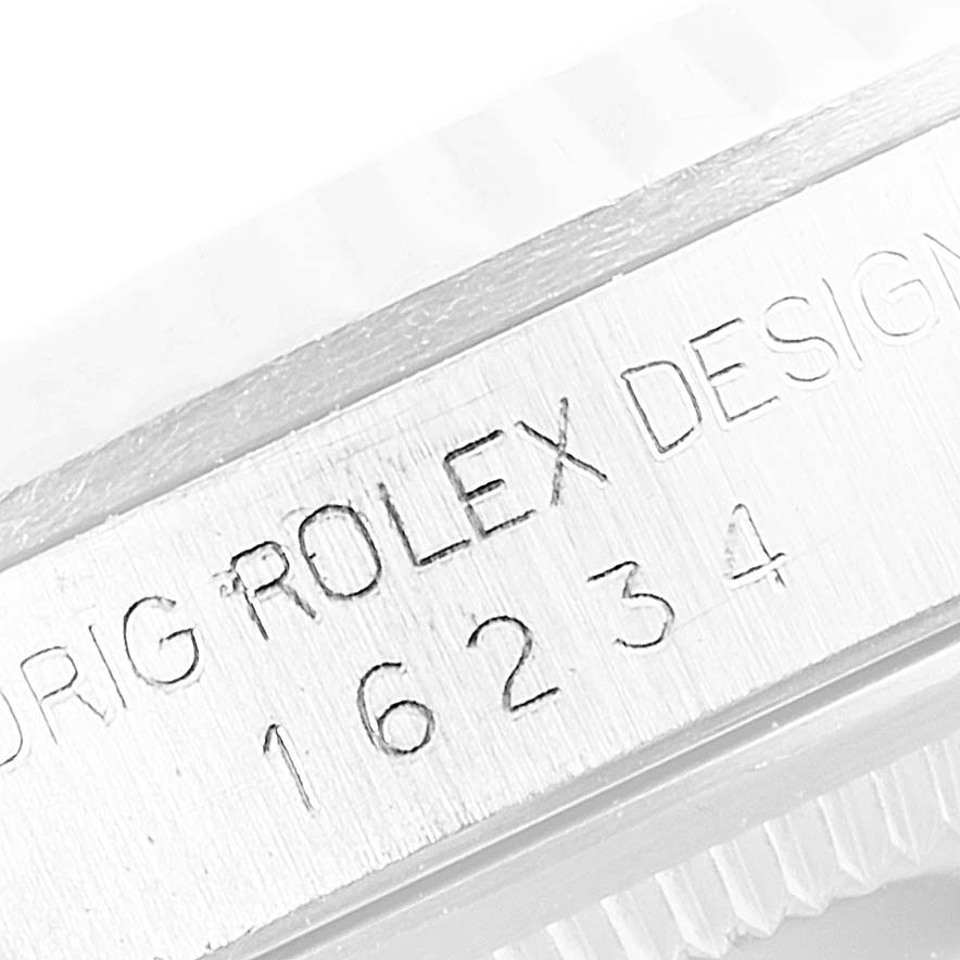 The image shows an engraved side view of the Rolex Datejust 16234 Men's Stainless Steel Silver Dial 16234 Men's Stainless Steel Silver Dial model with the design number 16234.