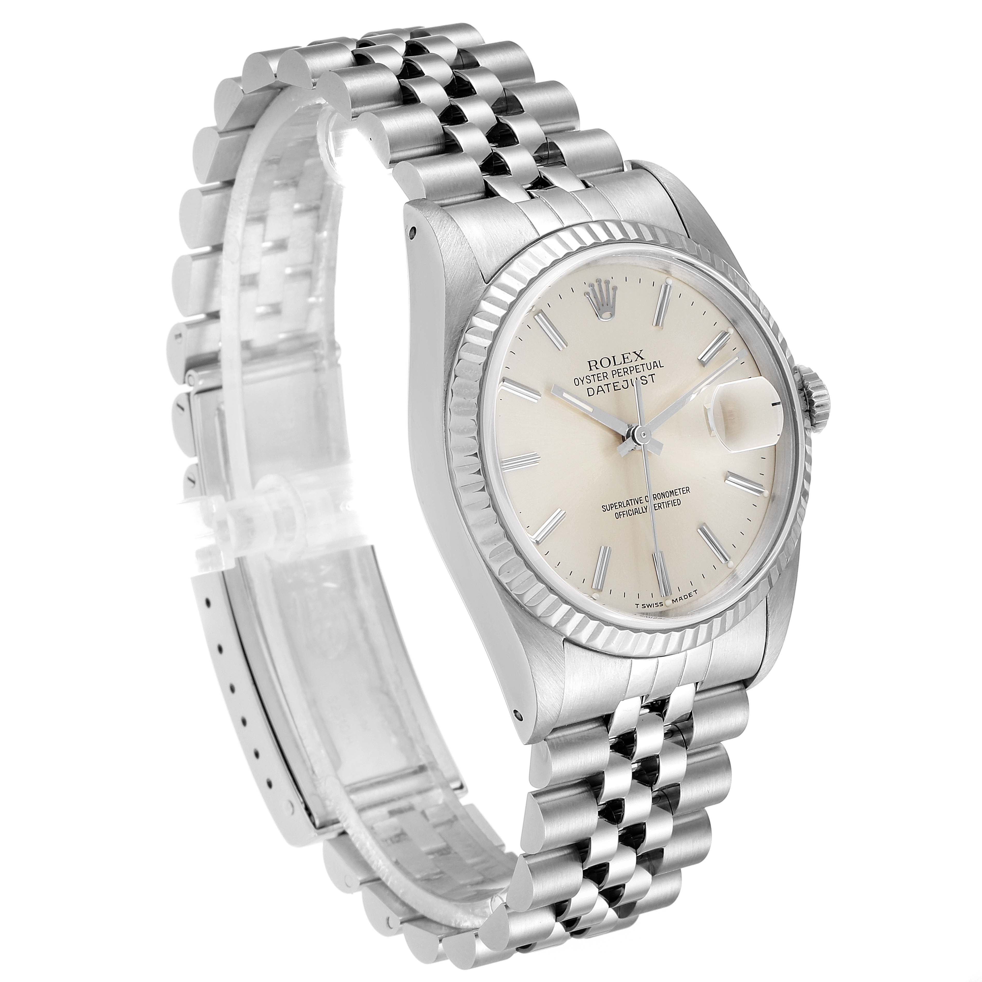 This Rolex Datejust 16234 Men's Stainless Steel Silver Dial 16234 Men's Stainless Steel Silver Dial watch is shown at a three-quarter angle, highlighting the bracelet, bezel, and face.