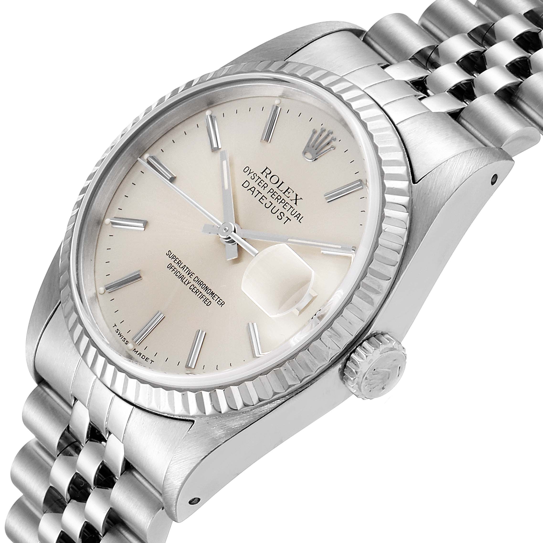 The image shows a Rolex Datejust 16234 Men's Stainless Steel Silver Dial 16234 Men's Stainless Steel Silver Dial watch at an angled view revealing the dial, crown, and part of the bracelet.