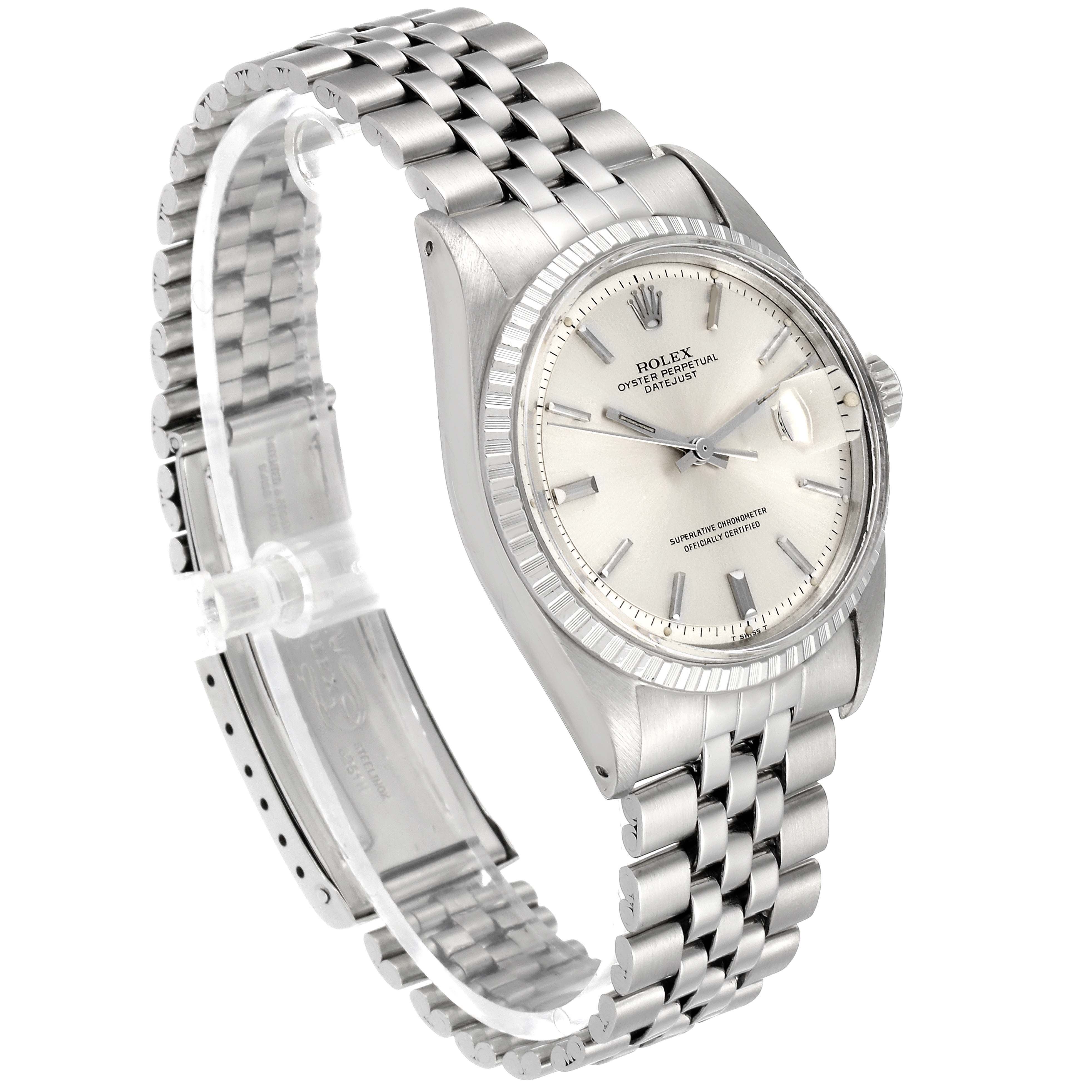 The Rolex Vintage Collection 1603 Men's Stainless Steel Silver Dial 1603 Men's Stainless Steel Silver Dial watch is shown at a slight side angle featuring its silver dial, jubilee bracelet, and bezel.