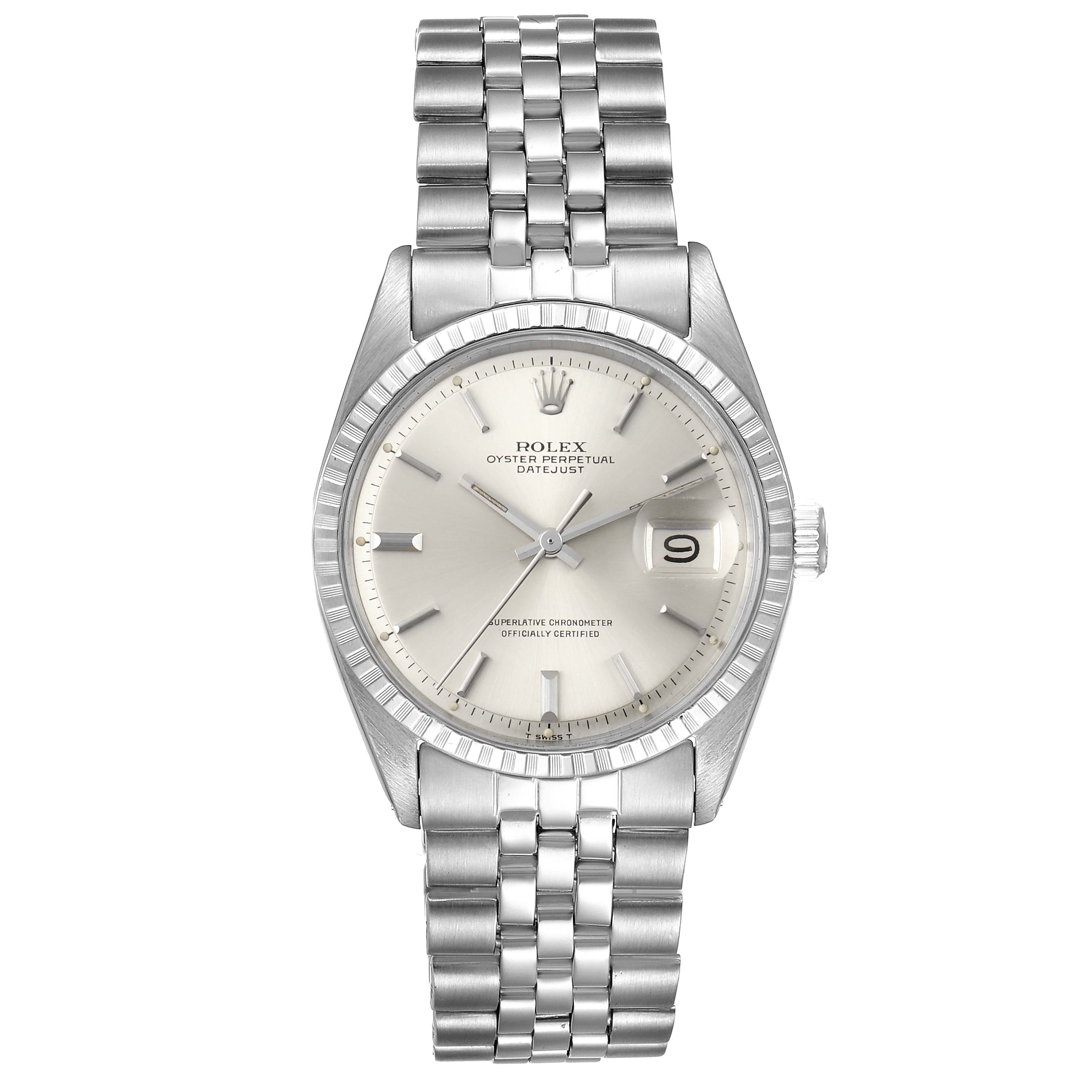 This image shows a front view of the Rolex Vintage Collection 1603 Men's Stainless Steel Silver Dial 1603 Men's Stainless Steel Silver Dial Oyster Perpetual Datejust watch, displaying its dial and bracelet.