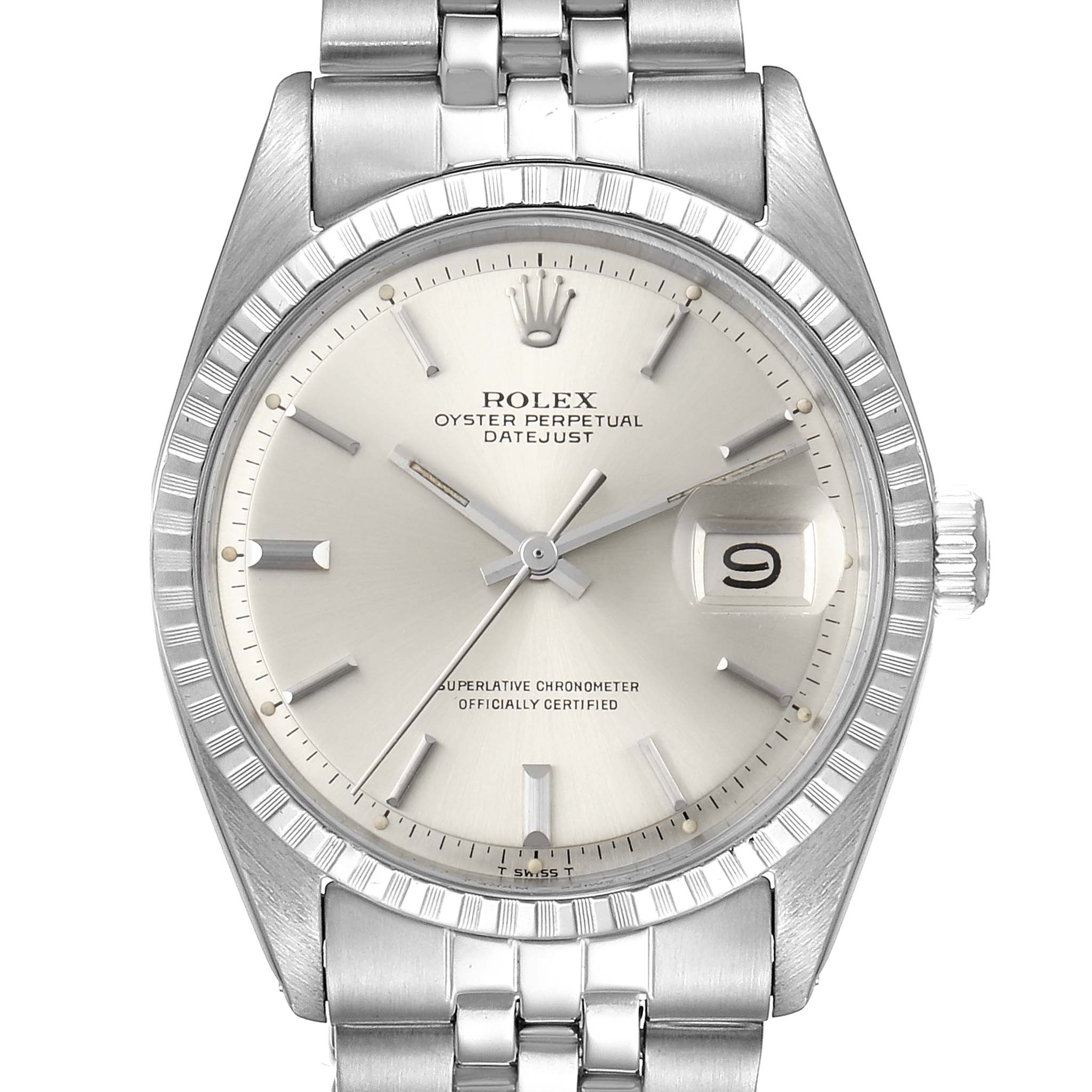 The image shows a front view of the Rolex Vintage Collection 1603 Men's Stainless Steel Silver Dial 1603 Men's Stainless Steel Silver Dial Oyster Perpetual Datejust watch, displaying its dial, bezel, and bracelet.