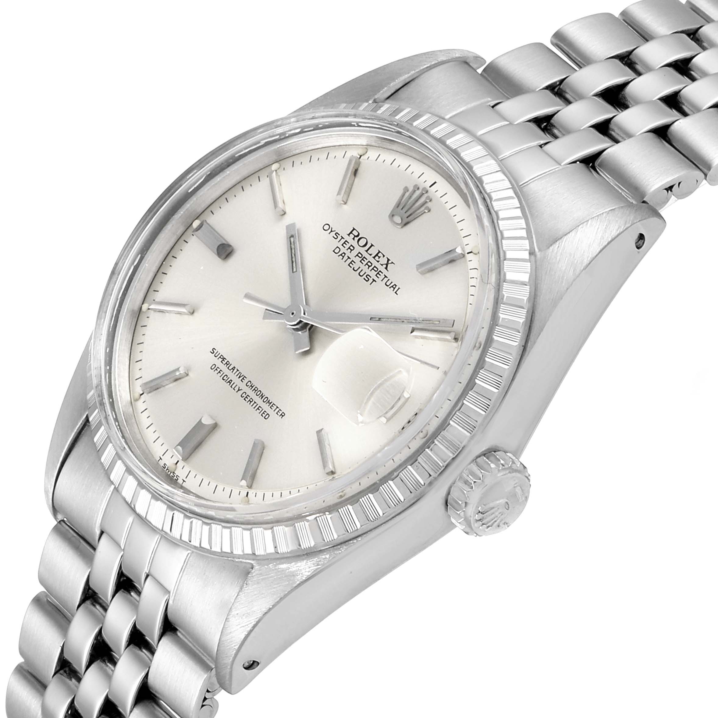 The image shows a close-up angle of the face, bezel, crown, and bracelet of a Rolex Vintage Collection 1603 Men's Stainless Steel Silver Dial 1603 Men's Stainless Steel Silver Dial model watch.