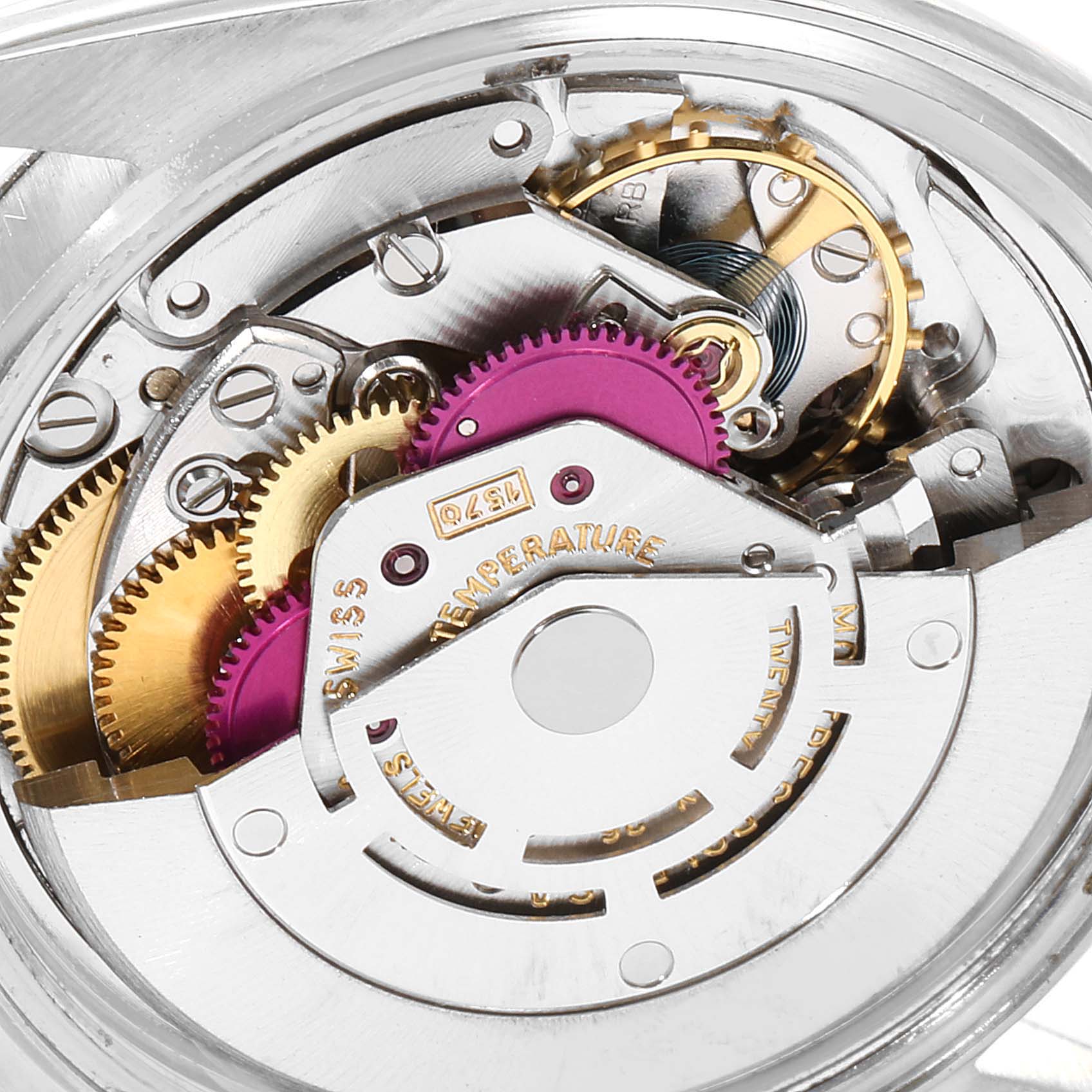 The image shows a close-up of the internal mechanism of a Rolex Vintage Collection 1603 Men's Stainless Steel Silver Dial 1603 Men's Stainless Steel Silver Dial watch.