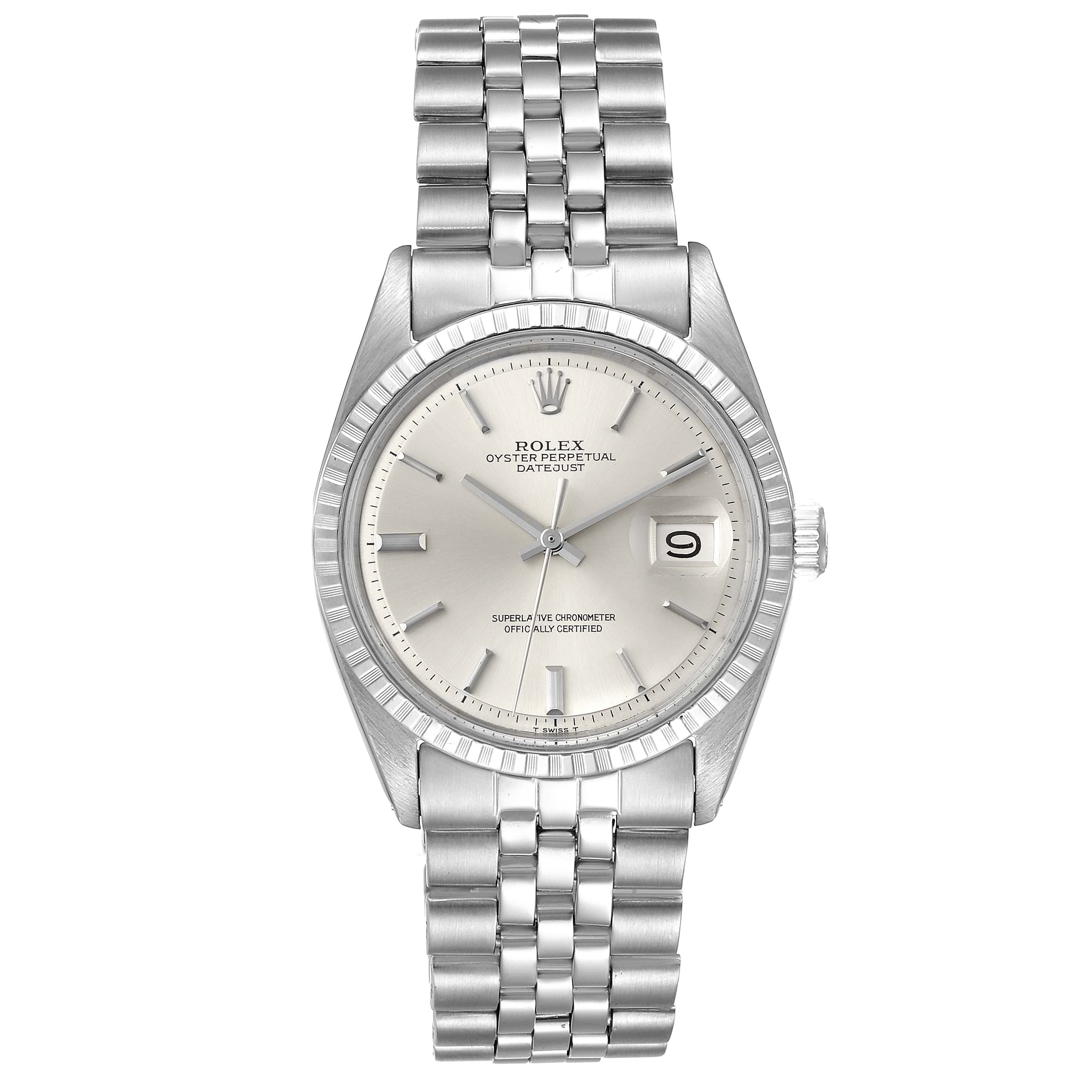 The image shows a front view of a Rolex Vintage Collection 1603 Men's Stainless Steel Silver Dial 1603 Men's Stainless Steel Silver Dial model watch, displaying the dial, date window, and metal bracelet.