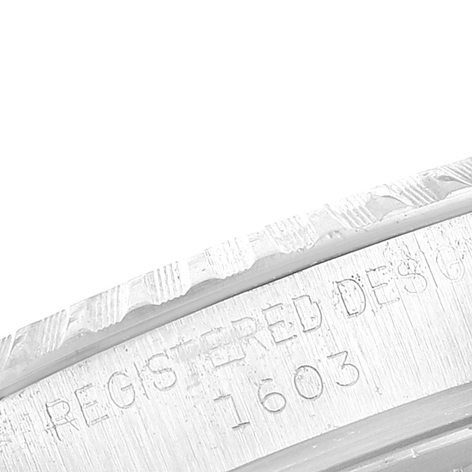 Close-up of the Rolex Vintage Collection 1603 Men's Stainless Steel Silver Dial 1603 Men's Stainless Steel Silver Dial model showing the engraved serial number "1603" on the watch case.