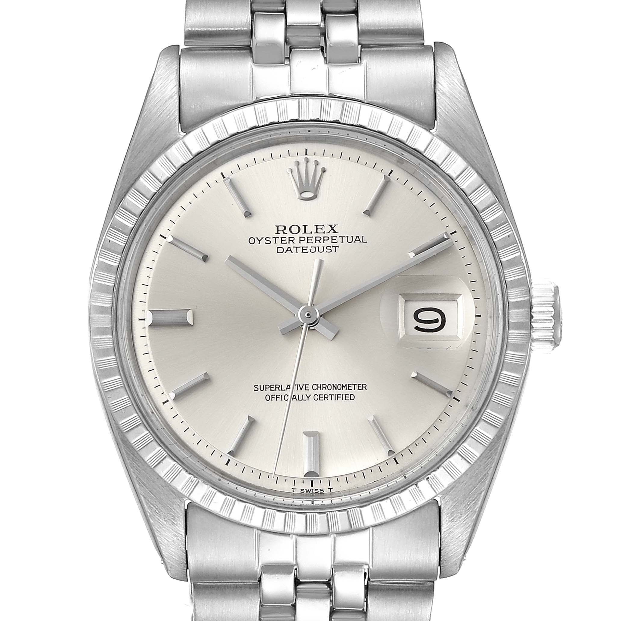 The image shows a front view of a Rolex Vintage Collection 1603 Men's Stainless Steel Silver Dial 1603 Men's Stainless Steel Silver Dial Datejust model watch, highlighting the dial, bezel, and part of the metal bracelet.