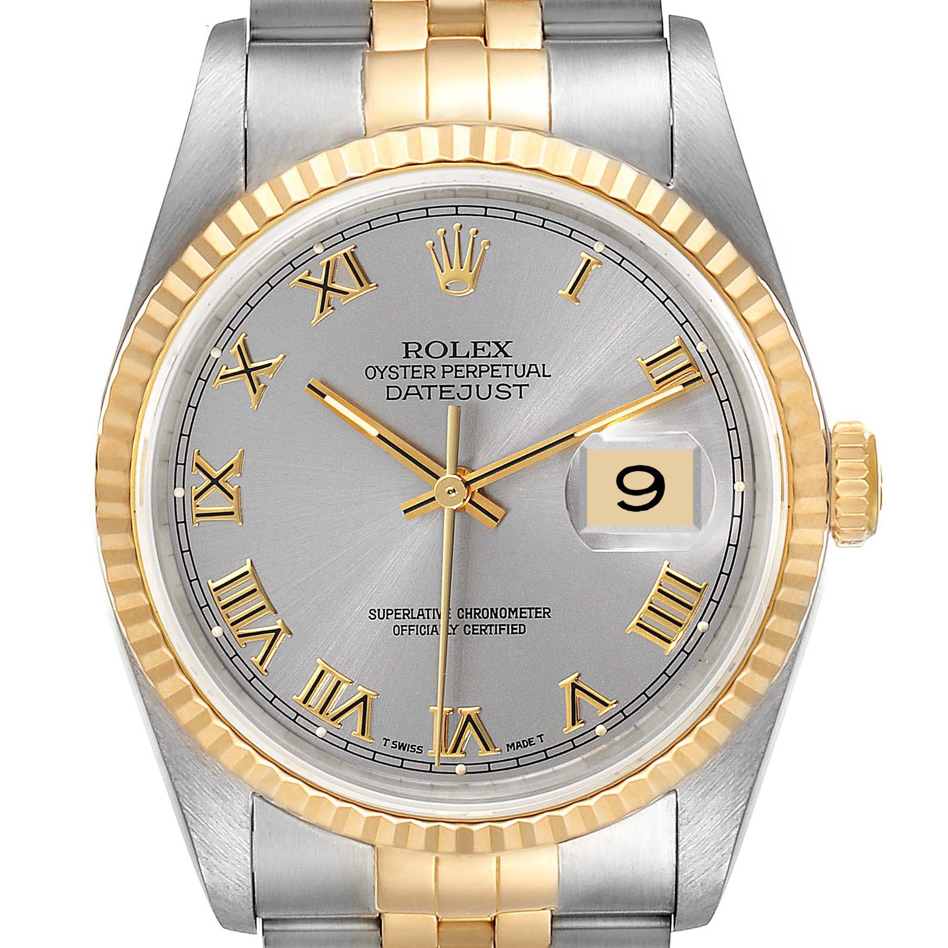This Rolex Datejust 16233 Men's Steel and Gold (two tone) Grey Dial 16233 Men's Steel and Gold (two tone) Grey Dial watch is shown from a front angle, displaying the dial, hands, bezel, crown, and bracelet.