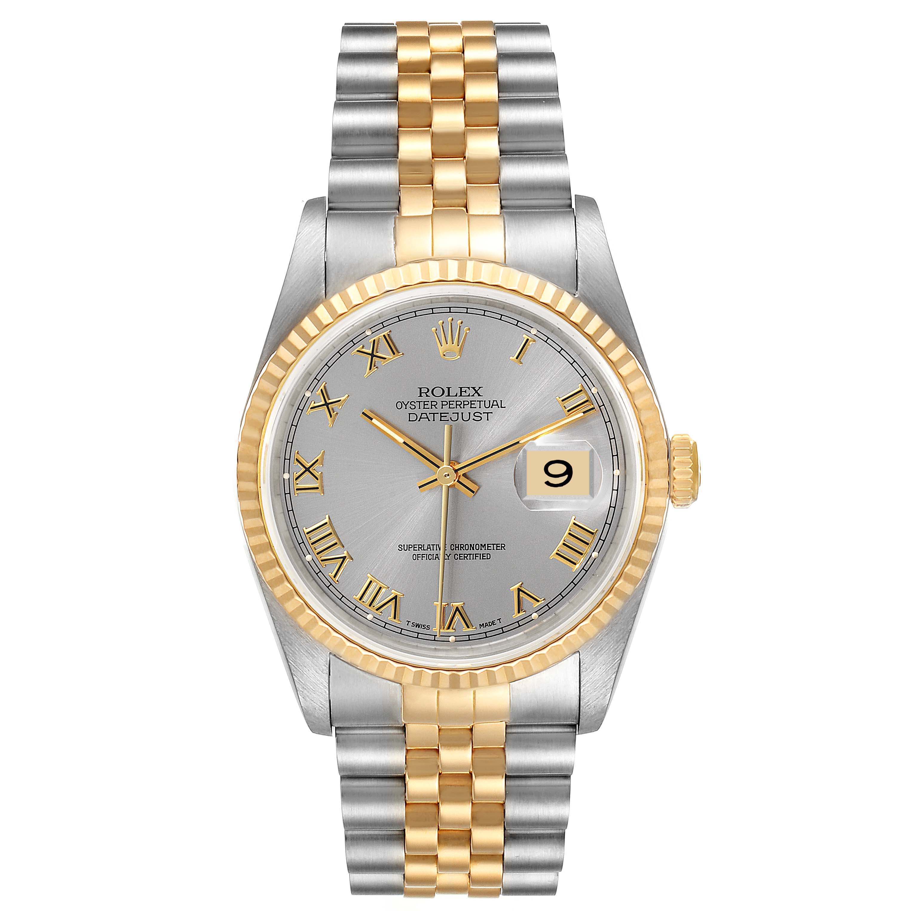 This image shows a Rolex Datejust 16233 Men's Steel and Gold (two tone) Grey Dial 16233 Men's Steel and Gold (two tone) Grey Dial watch from the front, highlighting its two-tone bracelet, fluted bezel, and date display.