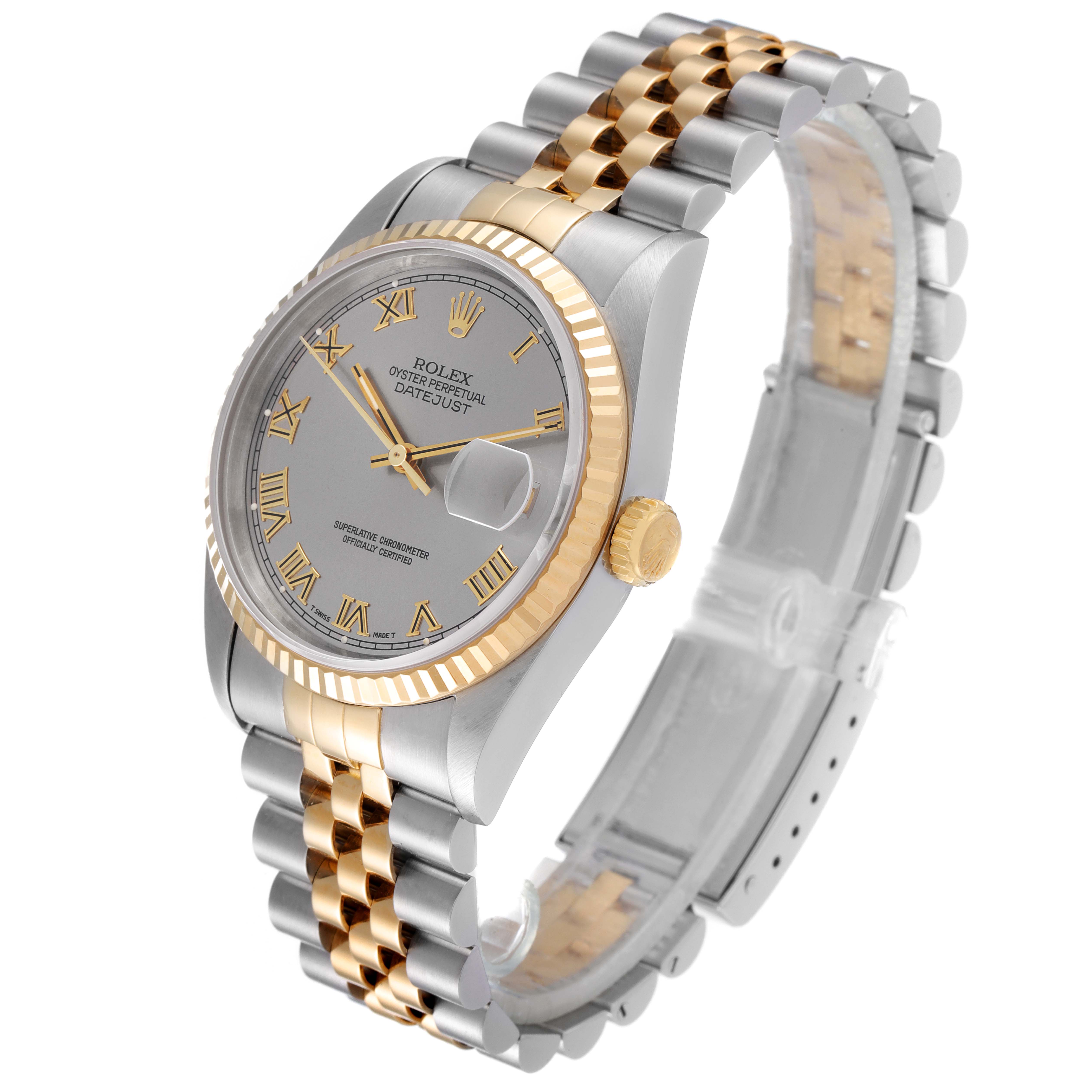 The Rolex Datejust 16233 Men's Steel and Gold (two tone) Grey Dial 16233 Men's Steel and Gold (two tone) Grey Dial watch is shown at a 3/4 angle, highlighting its two-tone bracelet, fluted bezel, and silver dial with gold Roman numerals.