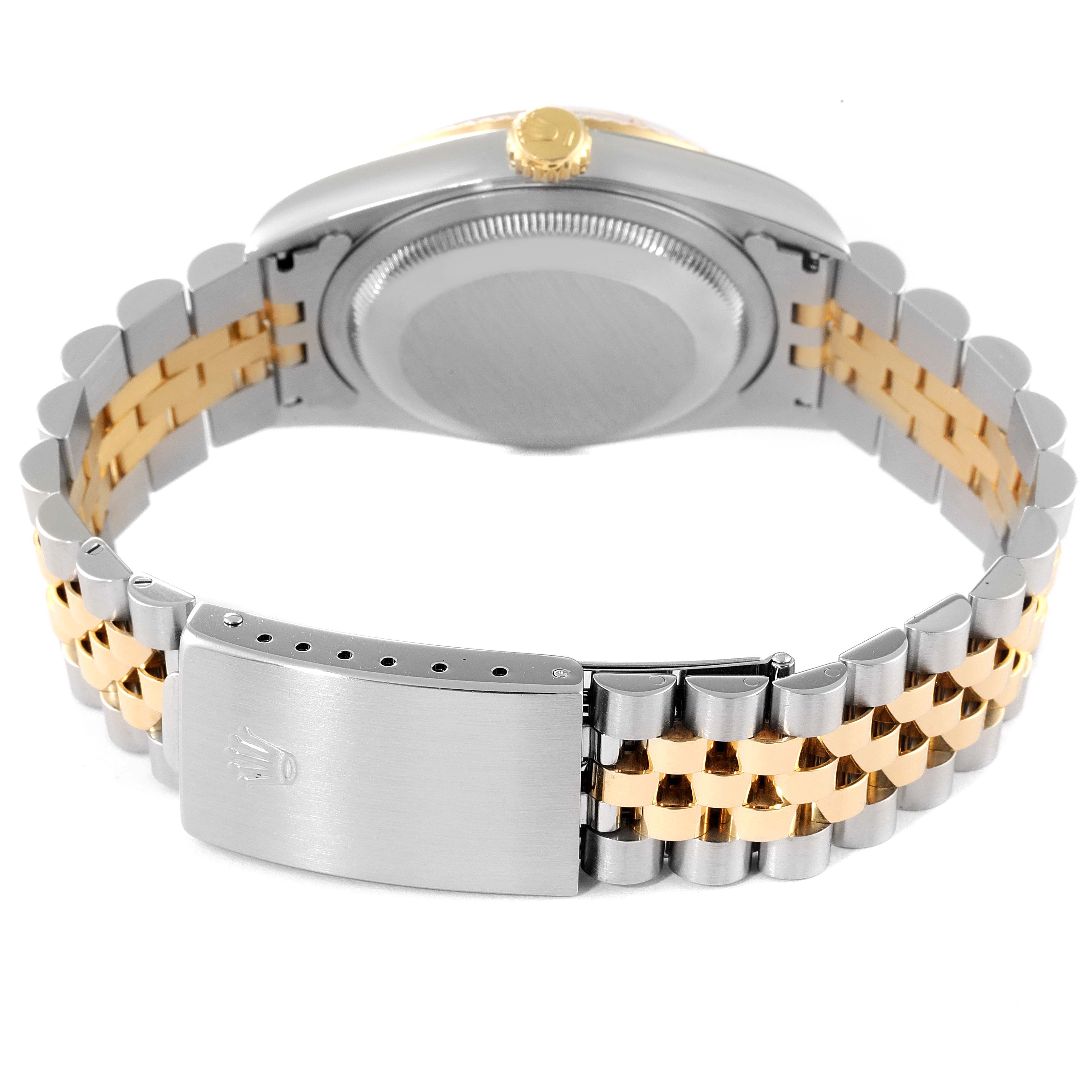 The image shows the back view of a Rolex Datejust 16233 Men's Steel and Gold (two tone) Grey Dial 16233 Men's Steel and Gold (two tone) Grey Dial watch, highlighting the case back and jubilee bracelet.