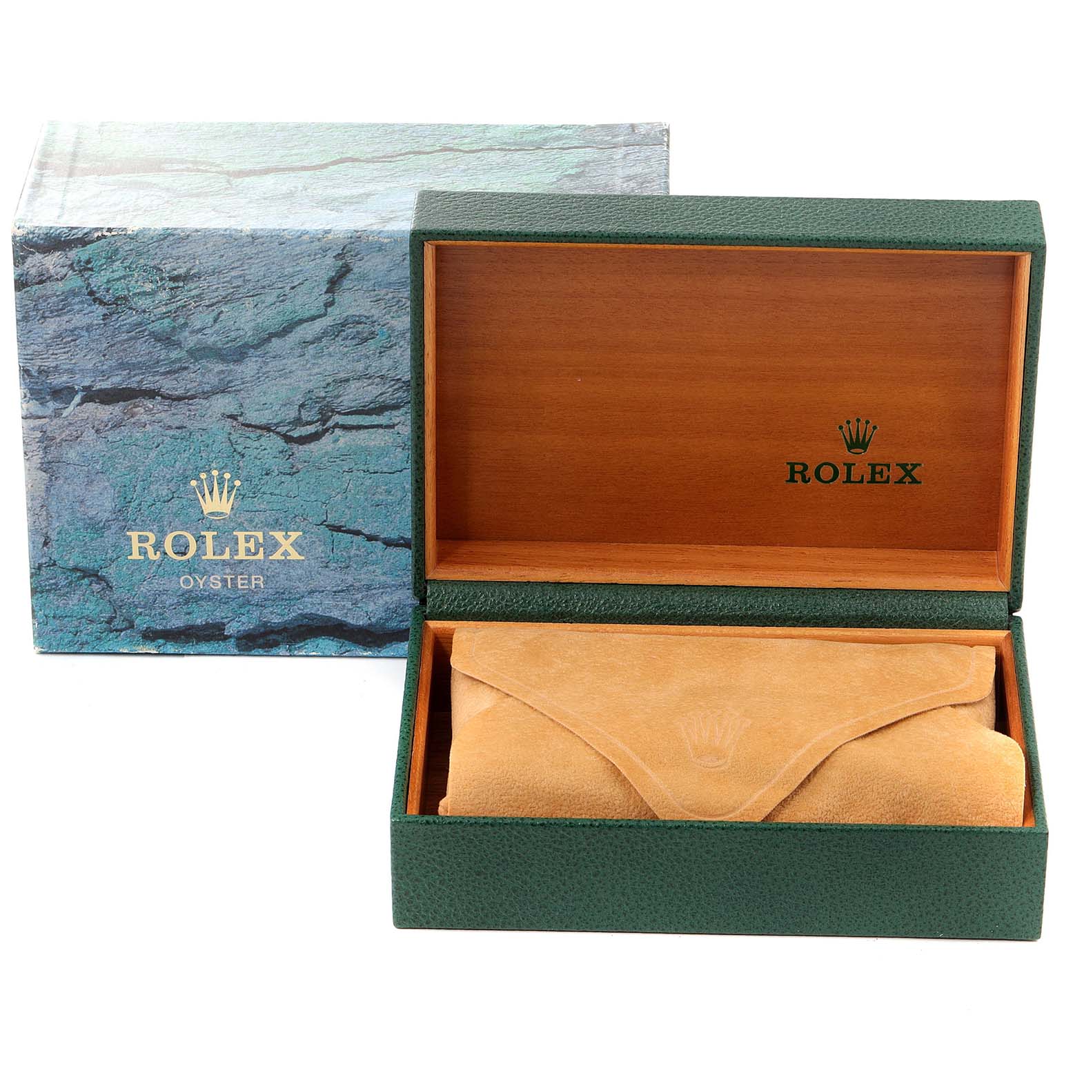 The image shows an open green and wooden Rolex Datejust 16233 Men's Steel and Gold (two tone) Grey Dial 16233 Men's Steel and Gold (two tone) Grey Dial watch box, with a beige suede pouch inside and an outer box beside it.