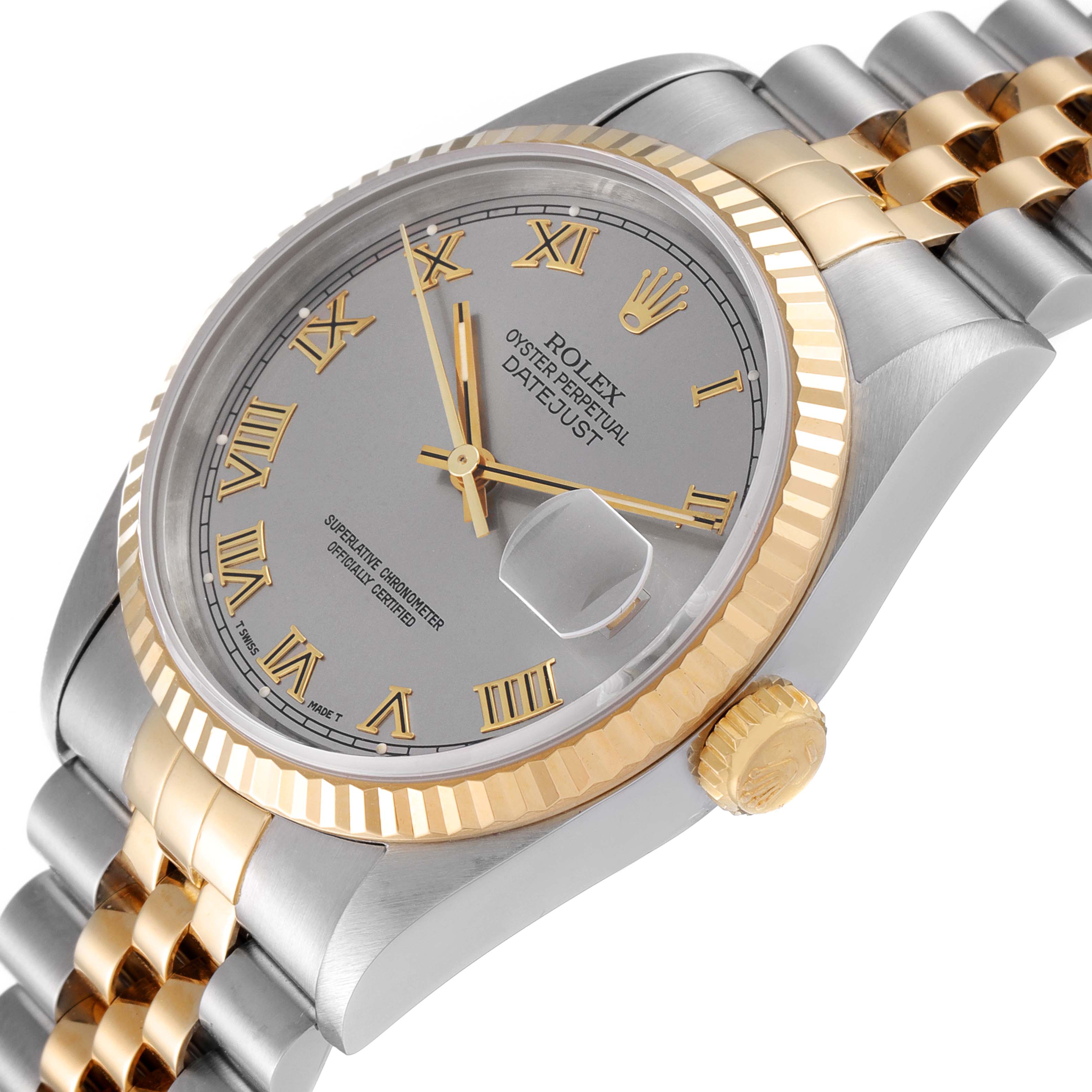 This image shows a Rolex Datejust 16233 Men's Steel and Gold (two tone) Grey Dial 16233 Men's Steel and Gold (two tone) Grey Dial watch at an angled close-up, highlighting the dial, bezel, crown, and part of the bracelet.