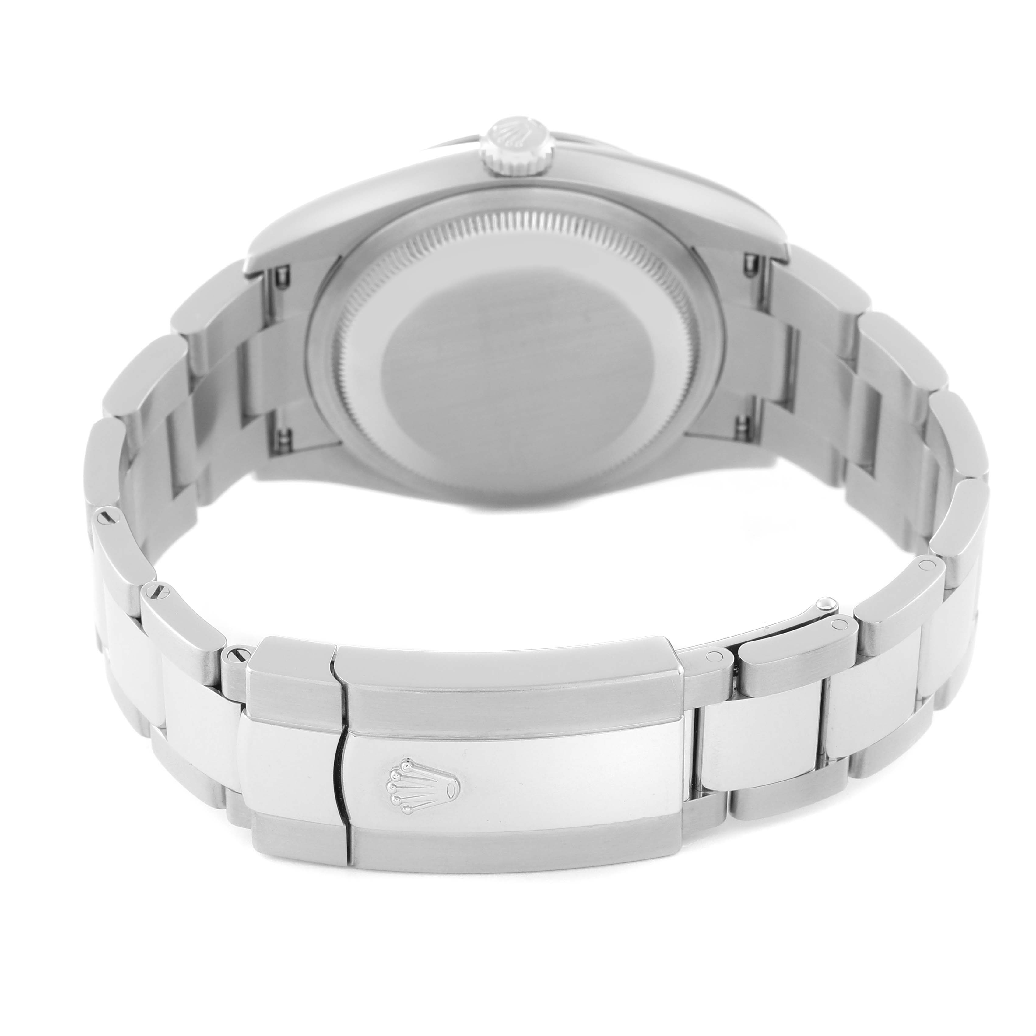 The image shows the case back and clasp of a Rolex Datejust 126234 Men's Stainless Steel Purple Dial 126234 Men's Stainless Steel Purple Dial watch from a rear angle.