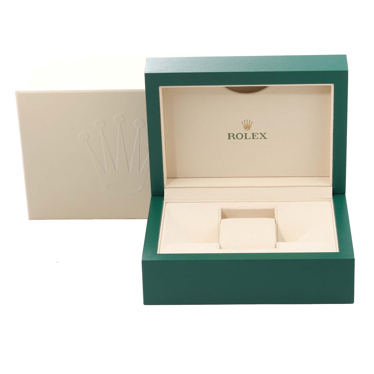 The image shows an open, empty Rolex Datejust 126234 Men's Stainless Steel Purple Dial 126234 Men's Stainless Steel Purple Dial watch box with green exterior and beige interior with the Rolex logo inside the lid.
