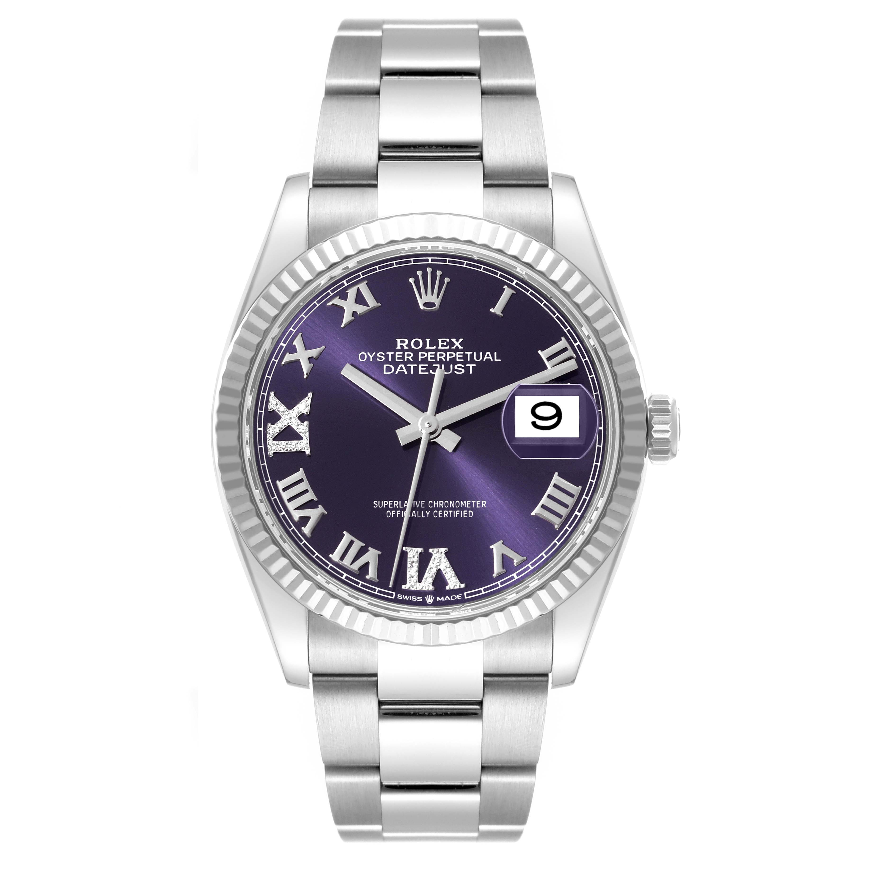 The image shows a Rolex Datejust 126234 Men's Stainless Steel Purple Dial 126234 Men's Stainless Steel Purple Dial watch from a front angle, highlighting its purple dial, Roman numerals, and date window.