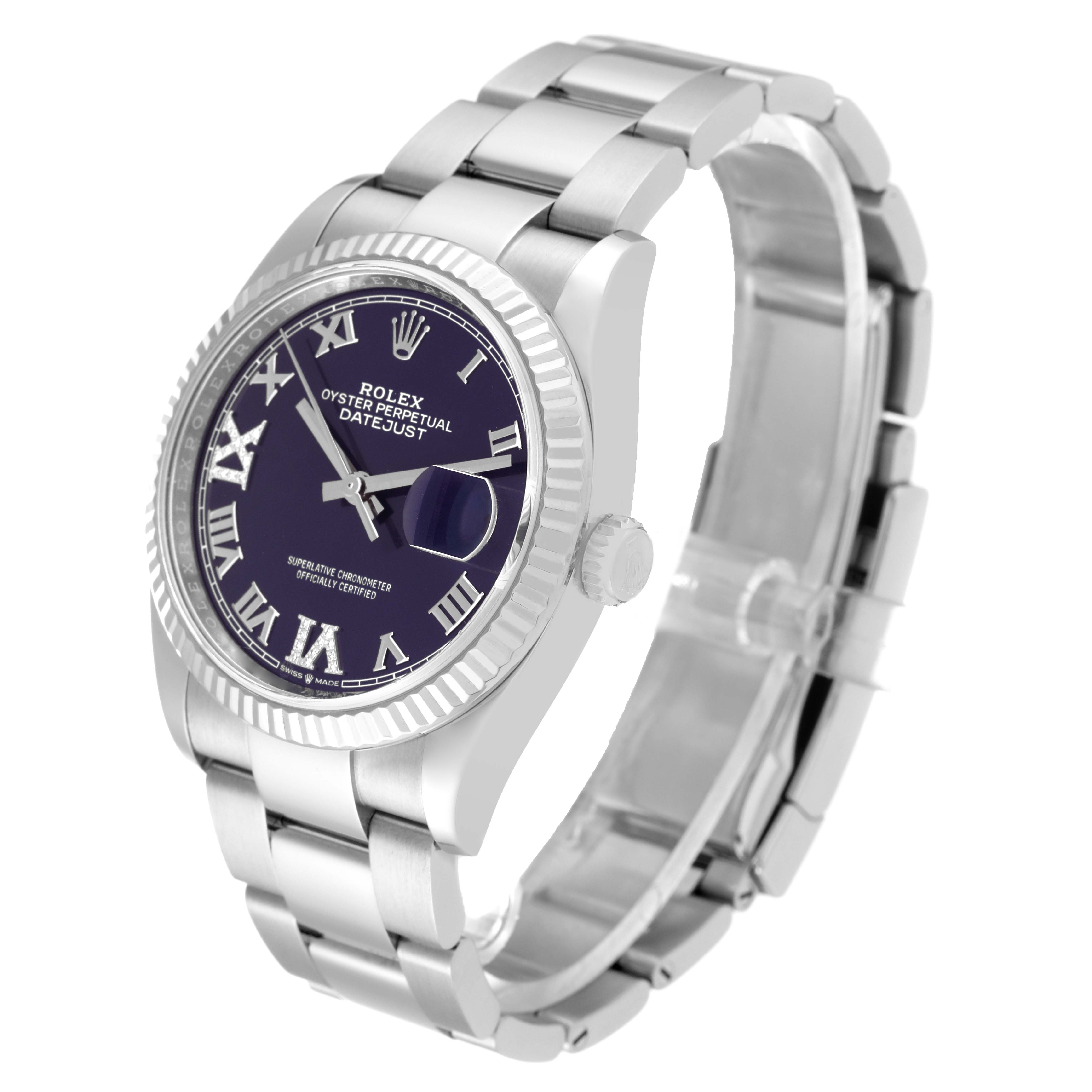 The image shows a side angle of the Rolex Datejust 126234 Men's Stainless Steel Purple Dial 126234 Men's Stainless Steel Purple Dial watch, highlighting its face, bezel, bracelet, and crown.