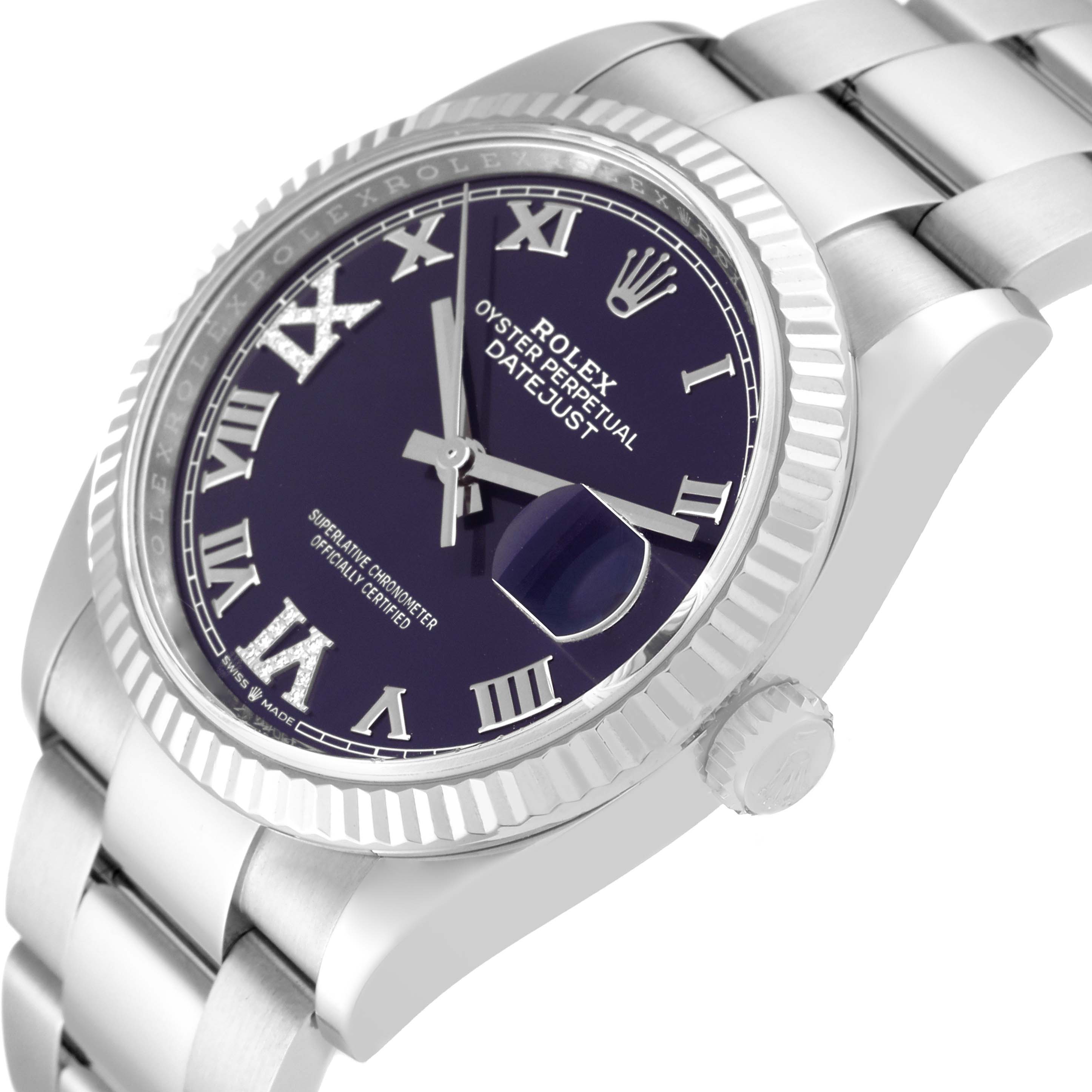 The image shows a close-up angled view of the Rolex Datejust 126234 Men's Stainless Steel Purple Dial 126234 Men's Stainless Steel Purple Dial watch, highlighting its bracelet, crown, and fluted bezel.