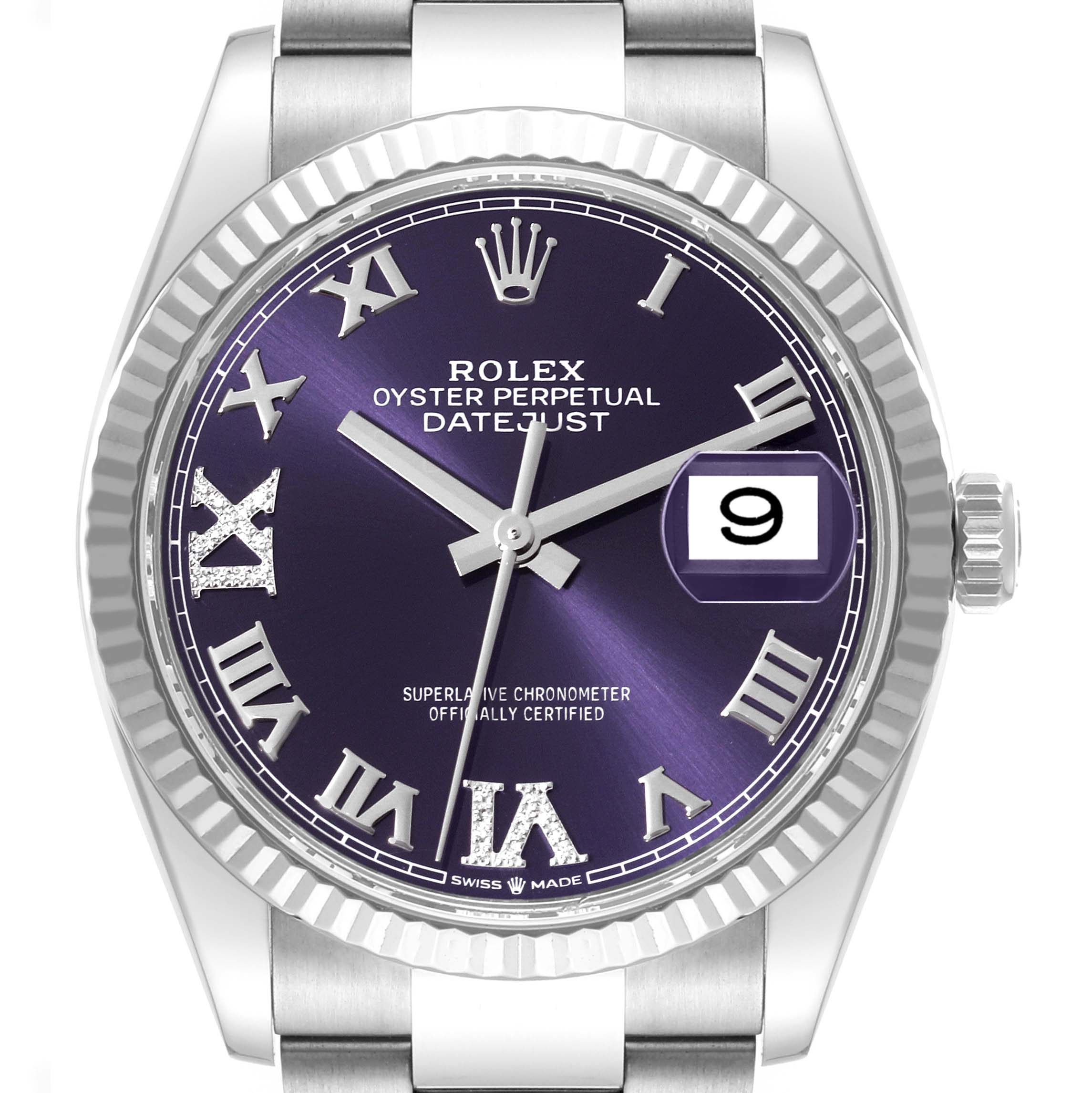 The image shows a front view of a Rolex Datejust 126234 Men's Stainless Steel Purple Dial 126234 Men's Stainless Steel Purple Dial watch highlighting the dial, hands, crown, and part of the bracelet.