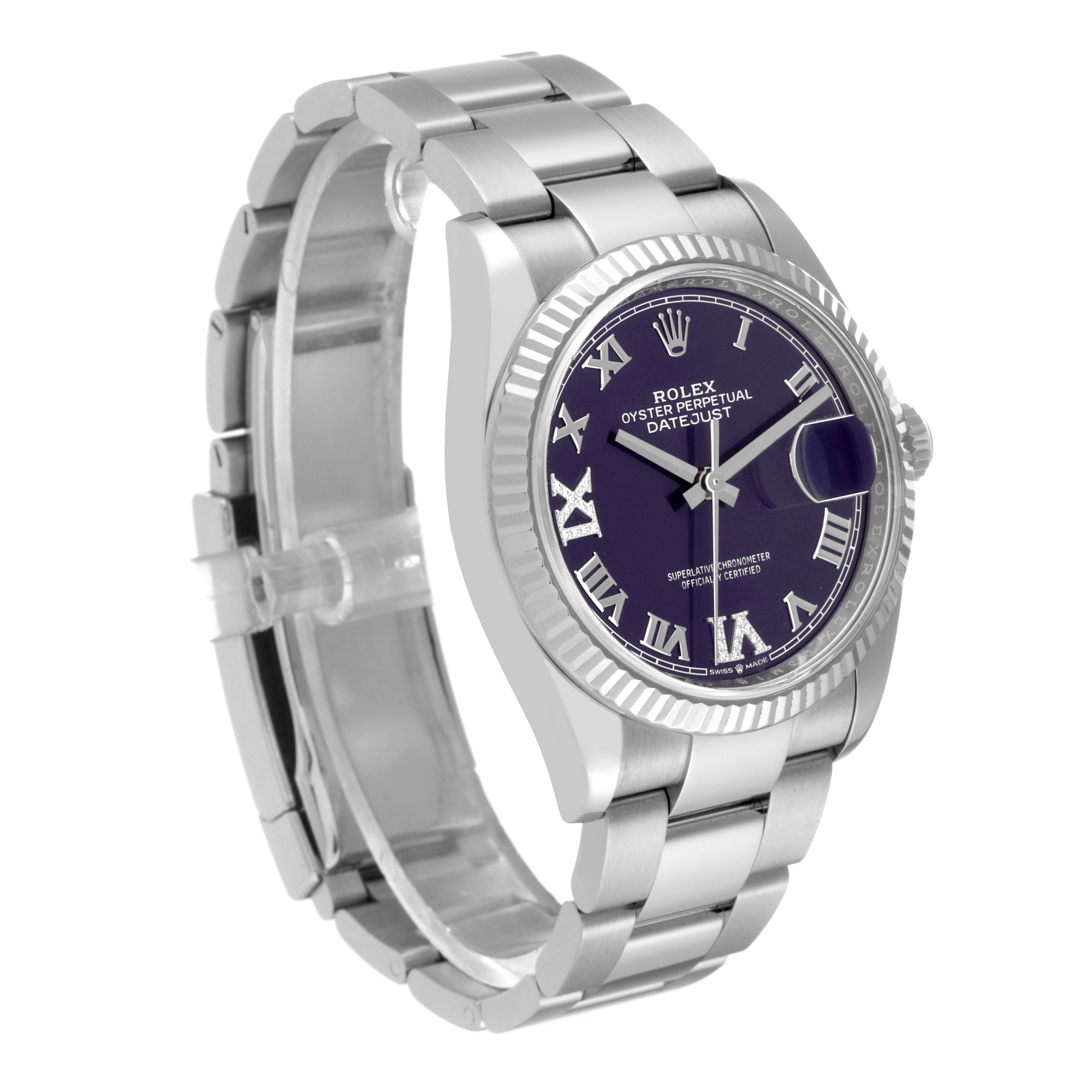 The Rolex Datejust 126234 Men's Stainless Steel Purple Dial 126234 Men's Stainless Steel Purple Dial watch is shown at an angle highlighting its face, bezel, and bracelet.