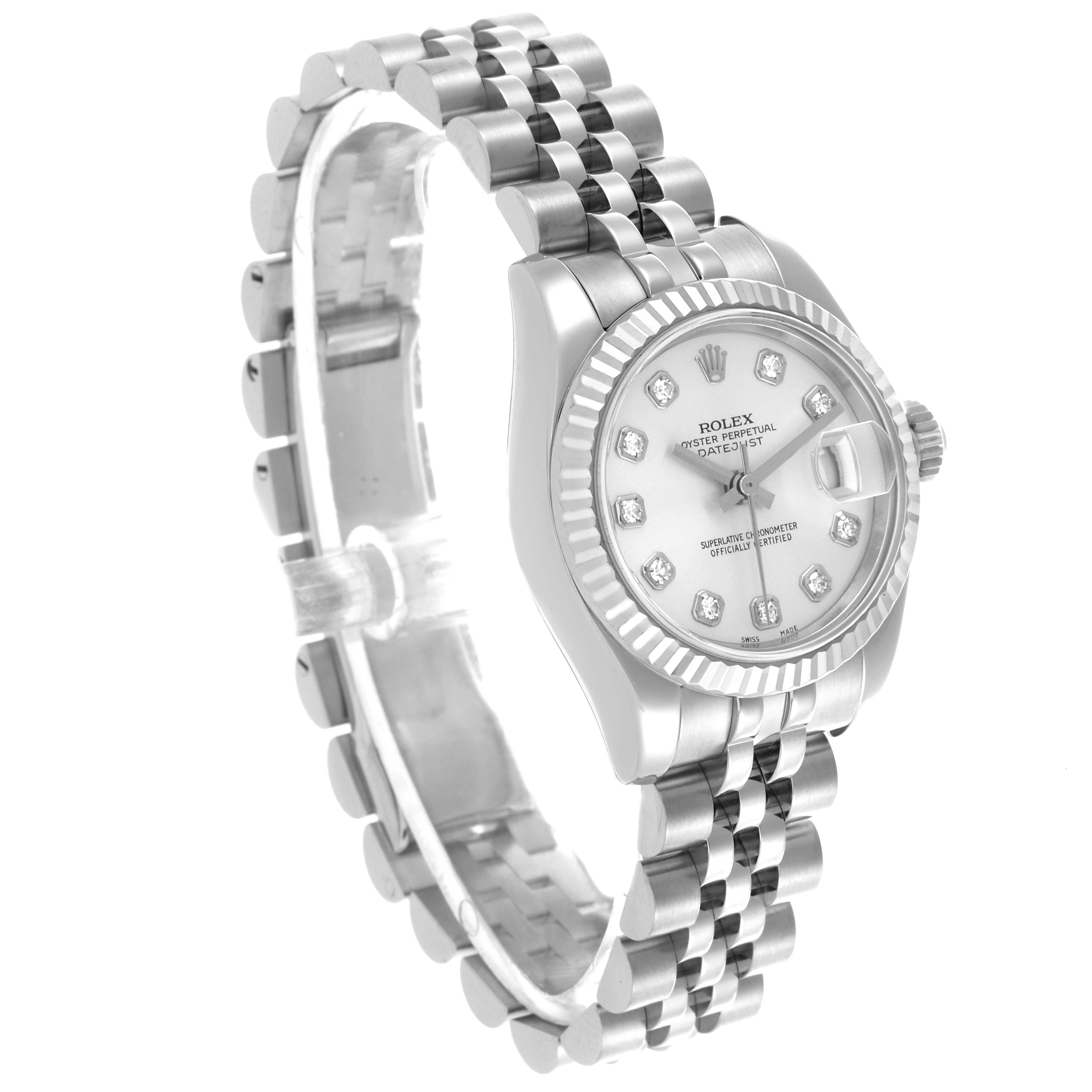 The Rolex Cocktail 179174 Women
s Stainless Steel Silver Dial 179174 Women
s Stainless Steel Silver Dial model watch is shown from a three-quarter angle, highlighting the face, bezel, and bracelet.