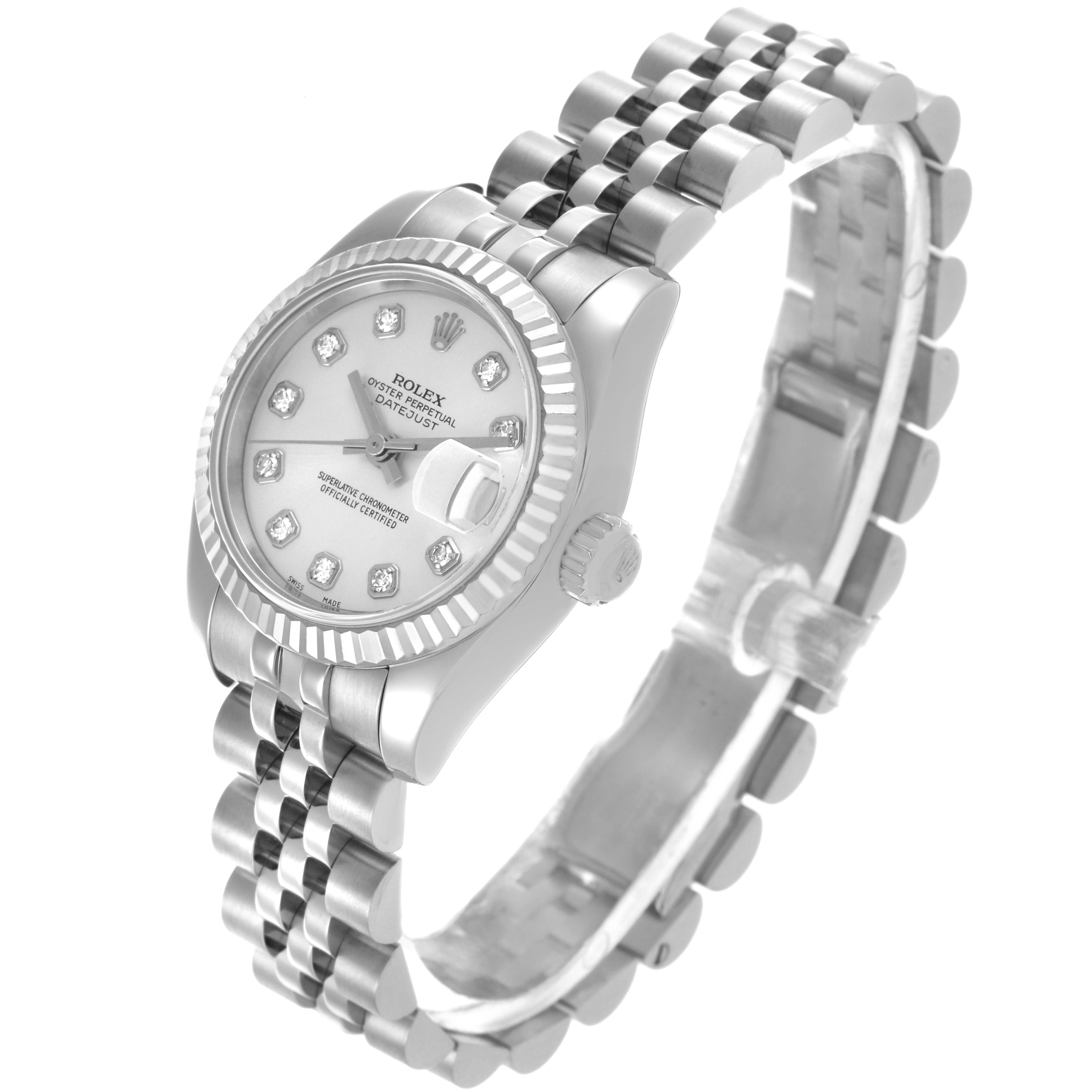 The Rolex Cocktail 179174 Women
s Stainless Steel Silver Dial 179174 Women
s Stainless Steel Silver Dial watch is shown at a three-quarter angle, displaying its face, bezel, crown, and bracelet.