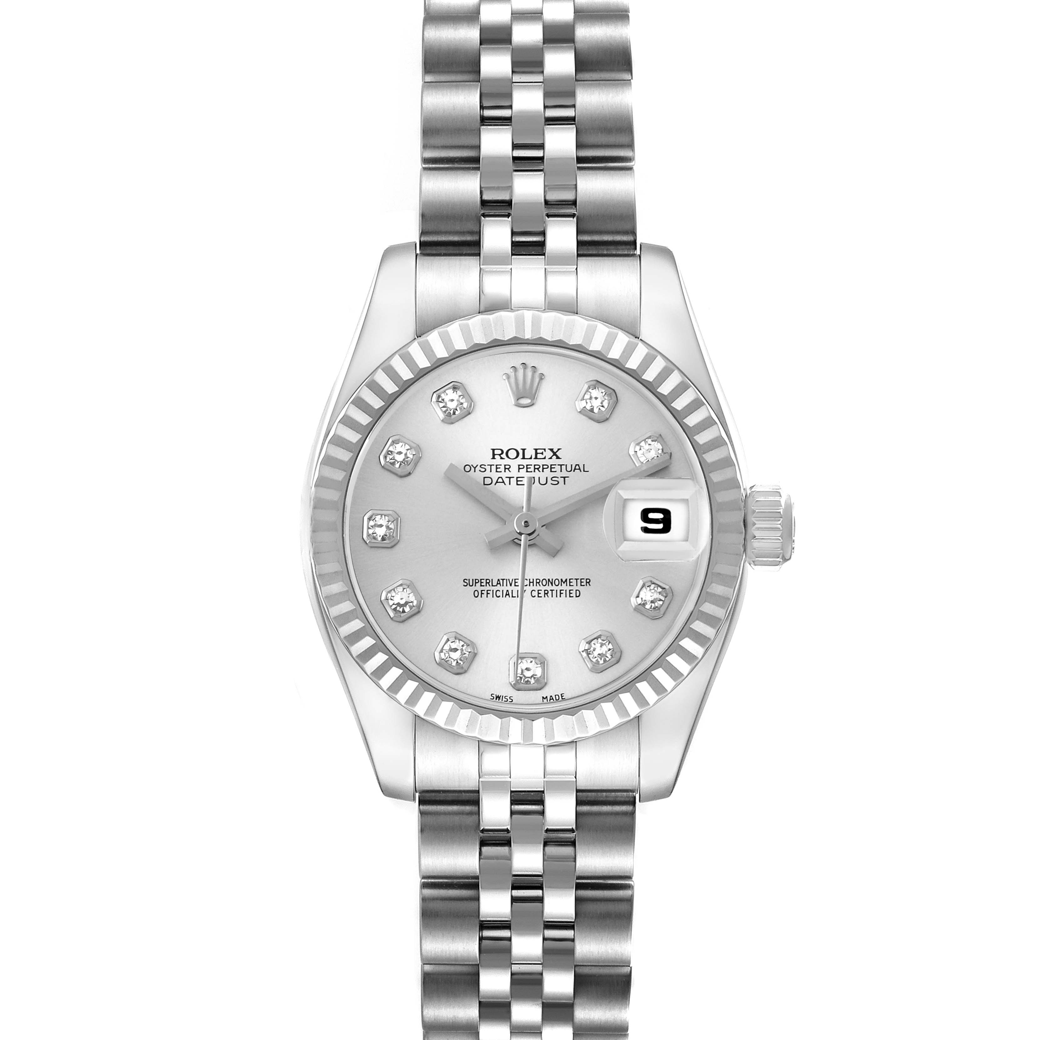 The Rolex Cocktail 179174 Women
s Stainless Steel Silver Dial 179174 Women
s Stainless Steel Silver Dial watch is shown from a front angle, displaying its dial, case, bezel, and part of the bracelet.