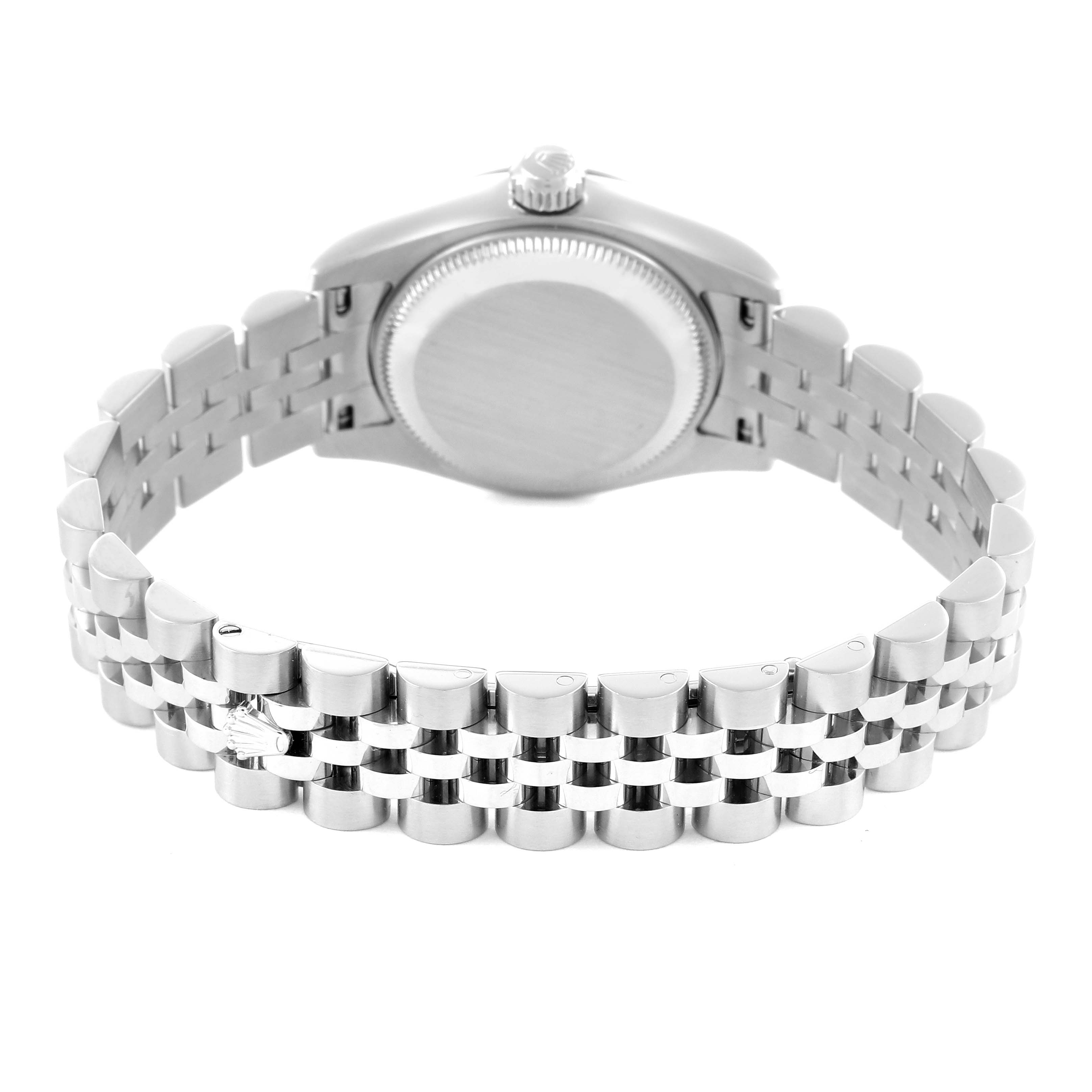 The Rolex Cocktail 179174 Women
s Stainless Steel Silver Dial 179174 Women
s Stainless Steel Silver Dial watch is shown from the back, displaying the case back and the full bracelet.