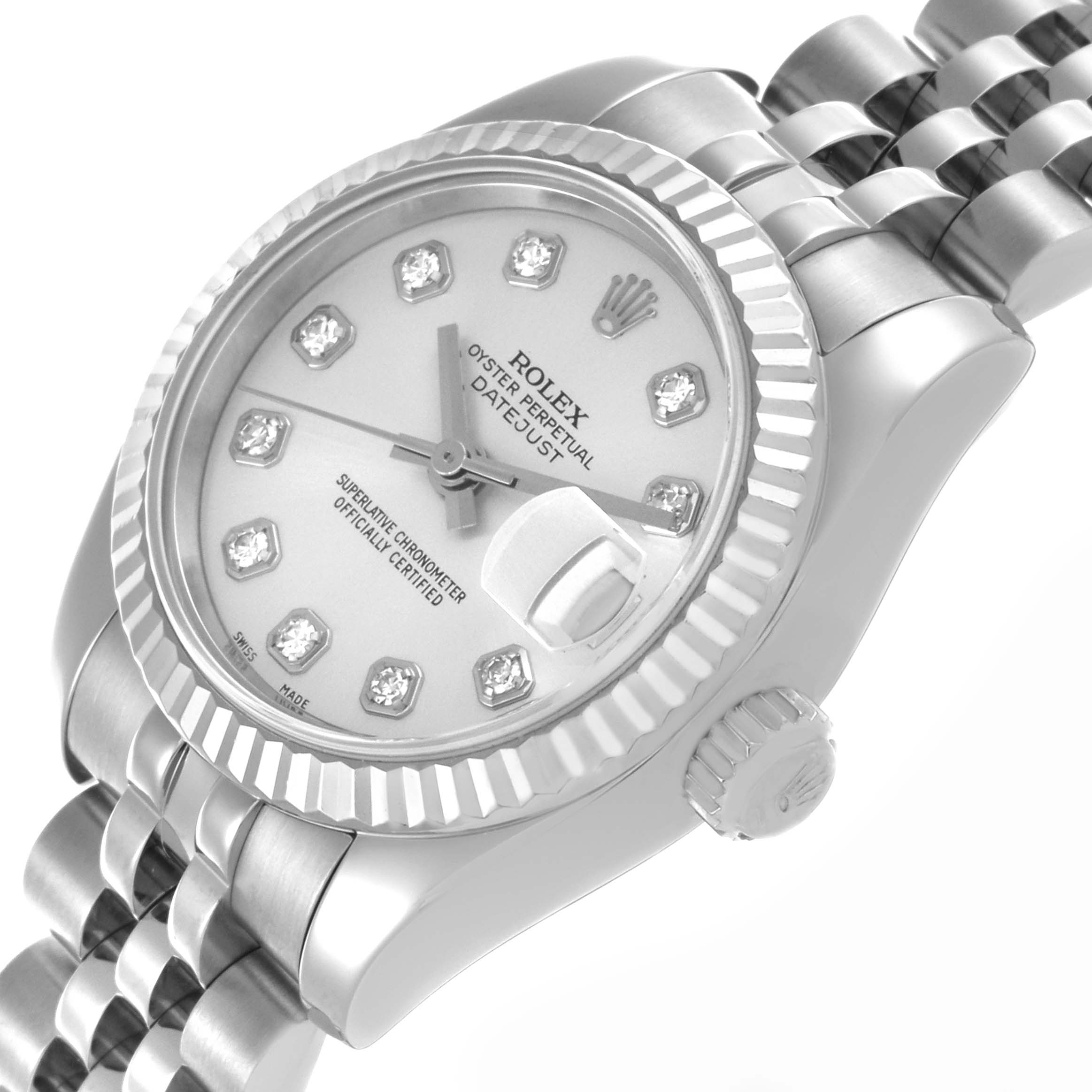The Rolex Cocktail 179174 Women
s Stainless Steel Silver Dial 179174 Women
s Stainless Steel Silver Dial watch is shown from a slight side angle, displaying the face, bezel, bracelet, and crown.