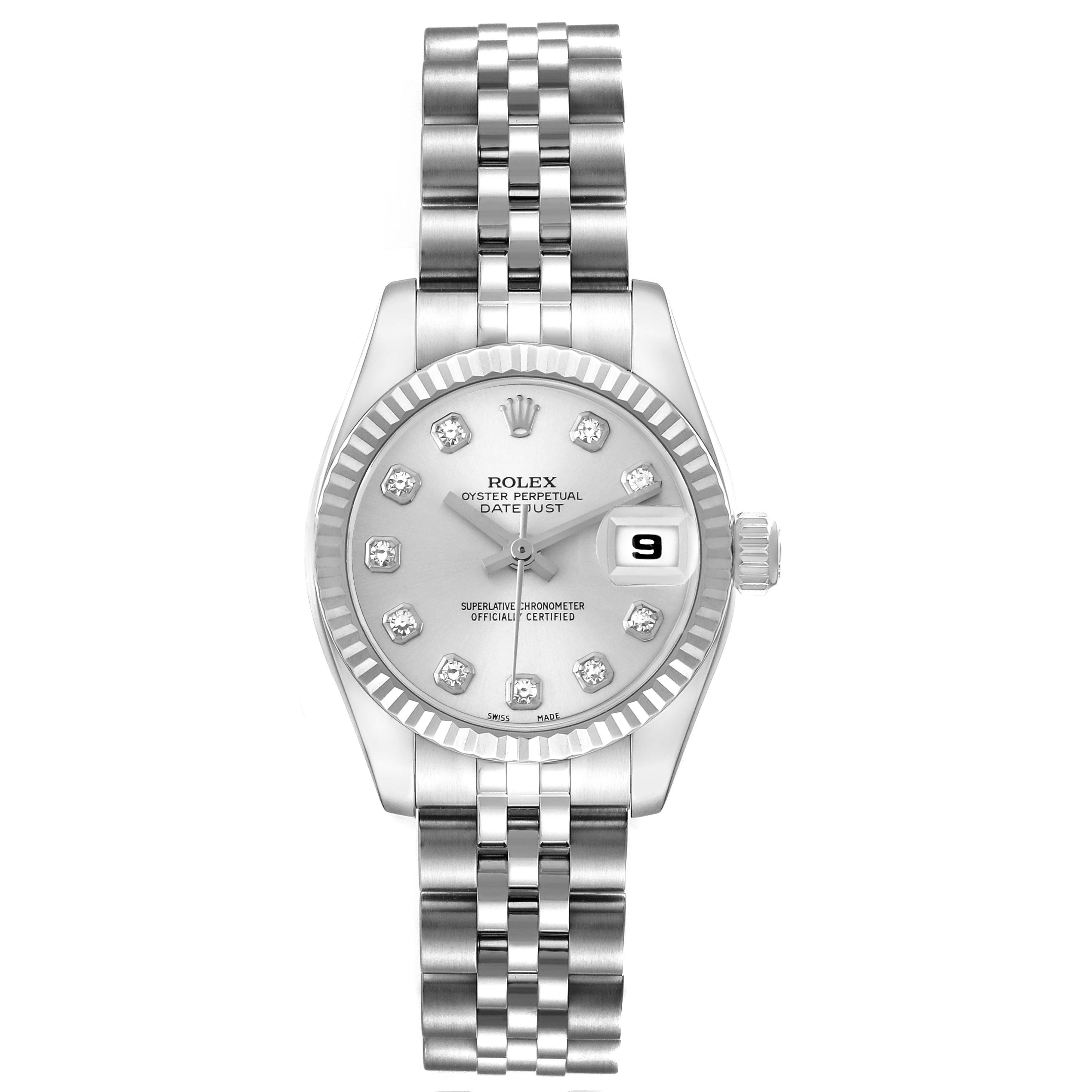 The Rolex Cocktail 179174 Women
s Stainless Steel Silver Dial 179174 Women
s Stainless Steel Silver Dial model is shown from a top-down angle, displaying the watch face, bezel, bracelet, and crown.