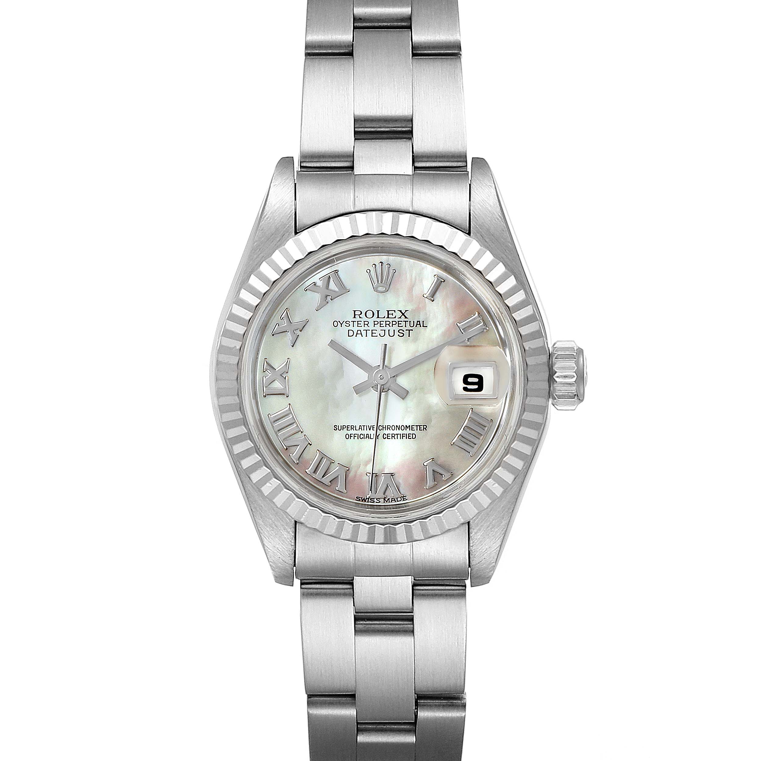 This image shows a Rolex Datejust 69174 Women's Stainless Steel Mother of Pearl Dial 69174 Women's Stainless Steel Mother of Pearl Dial watch from the front, highlighting its dial, bezel, and bracelet.
