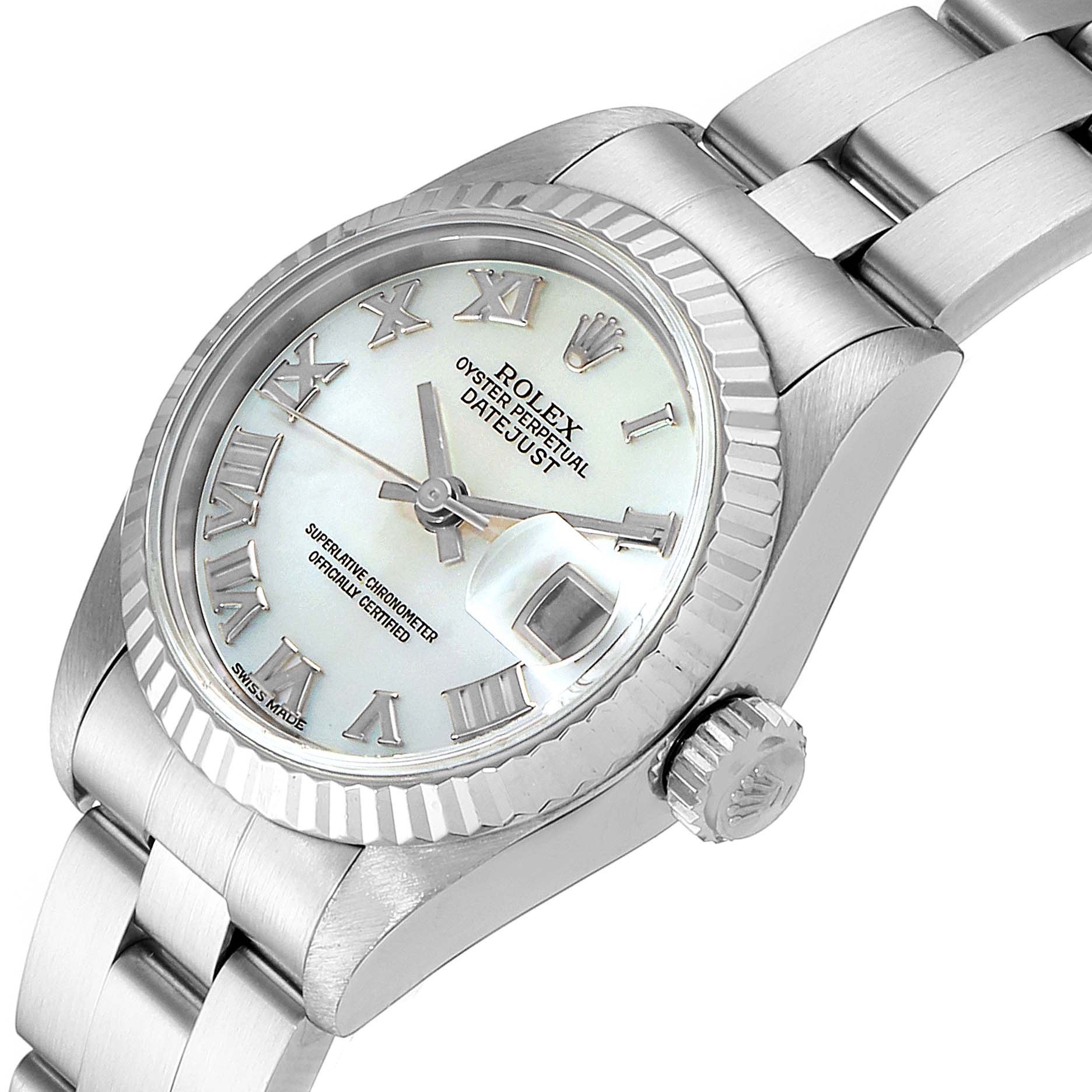 The image shows a close-up view of the Rolex Datejust 69174 Women's Stainless Steel Mother of Pearl Dial 69174 Women's Stainless Steel Mother of Pearl Dial watch, highlighting the bezel, crown, and part of the bracelet.