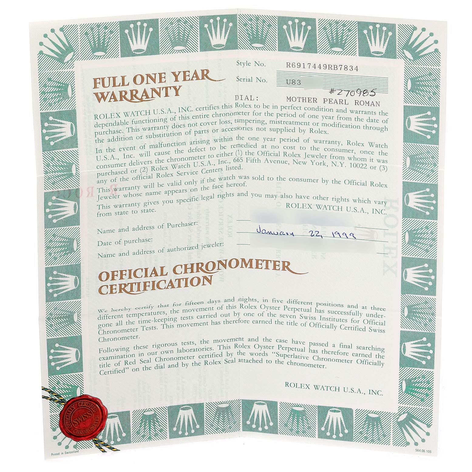 This image shows an official warranty certificate for a Rolex Datejust 69174 Women's Stainless Steel Mother of Pearl Dial 69174 Women's Stainless Steel Mother of Pearl Dial watch.