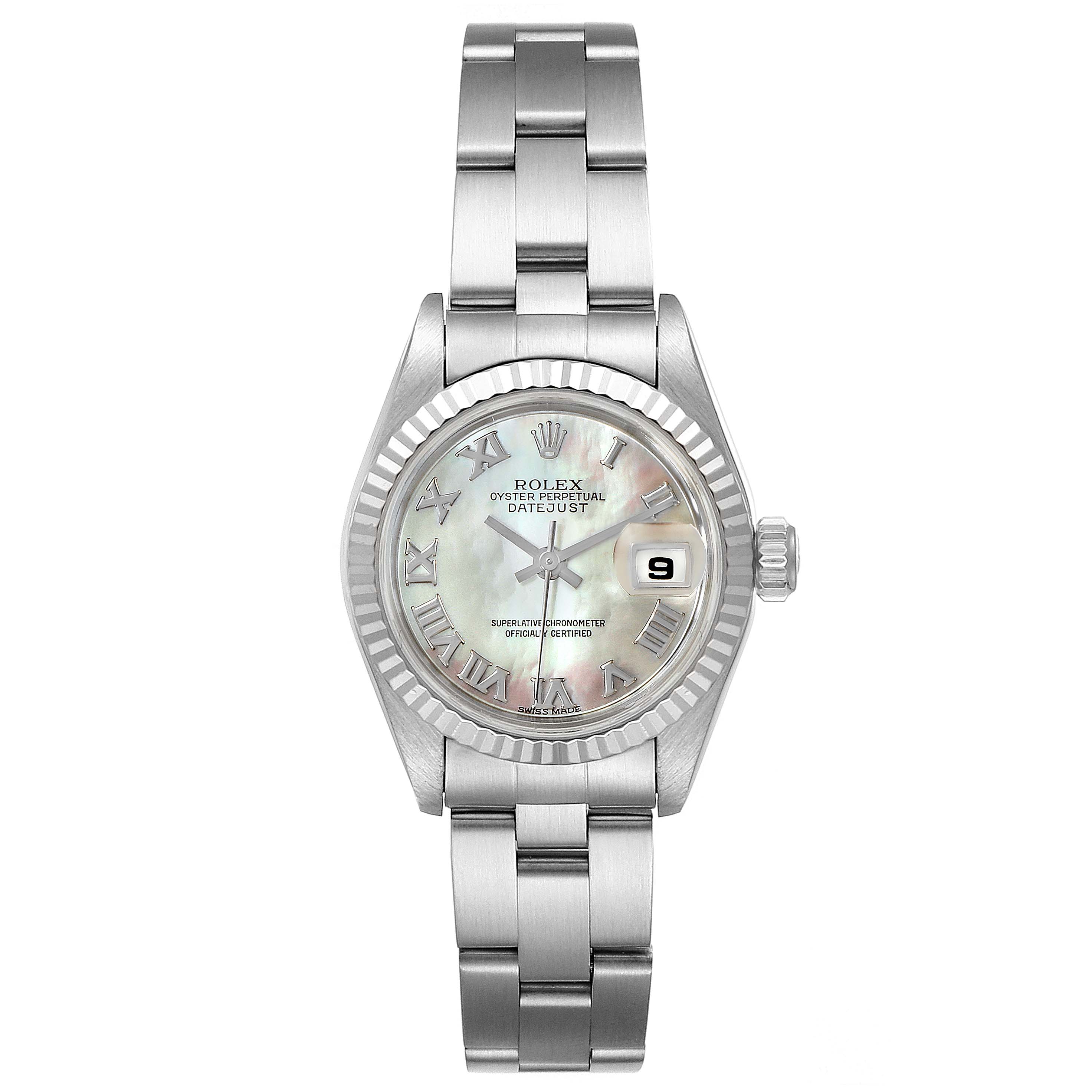 The image shows a Rolex Datejust 69174 Women's Stainless Steel Mother of Pearl Dial 69174 Women's Stainless Steel Mother of Pearl Dial model watch from a top-down angle, highlighting the dial, bezel, crown, and bracelet.