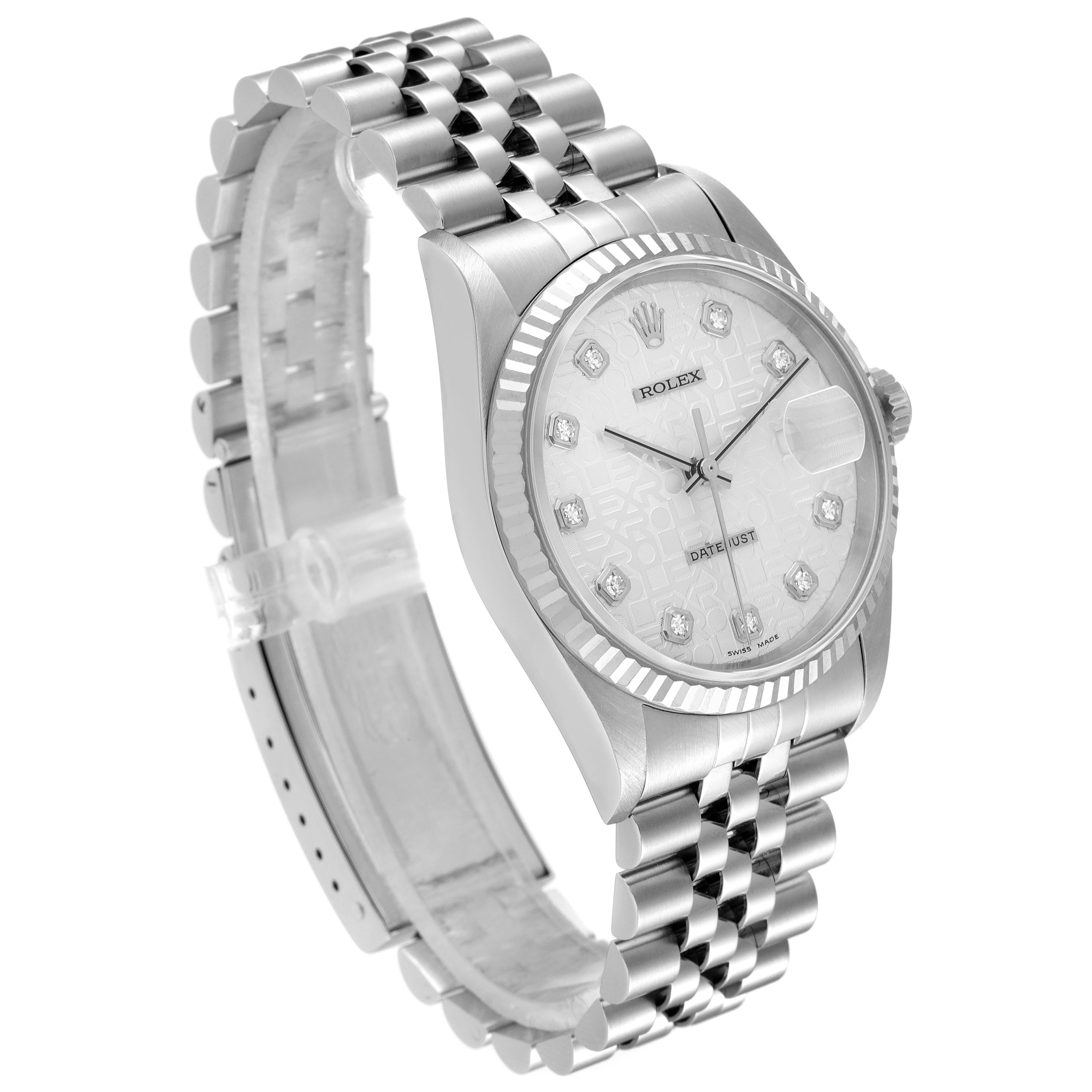 The image shows a Rolex Datejust 16234 Men's Stainless Steel Silver Dial 16234 Men's Stainless Steel Silver Dial watch from an angled side view, featuring the dial, bezel, and bracelet.