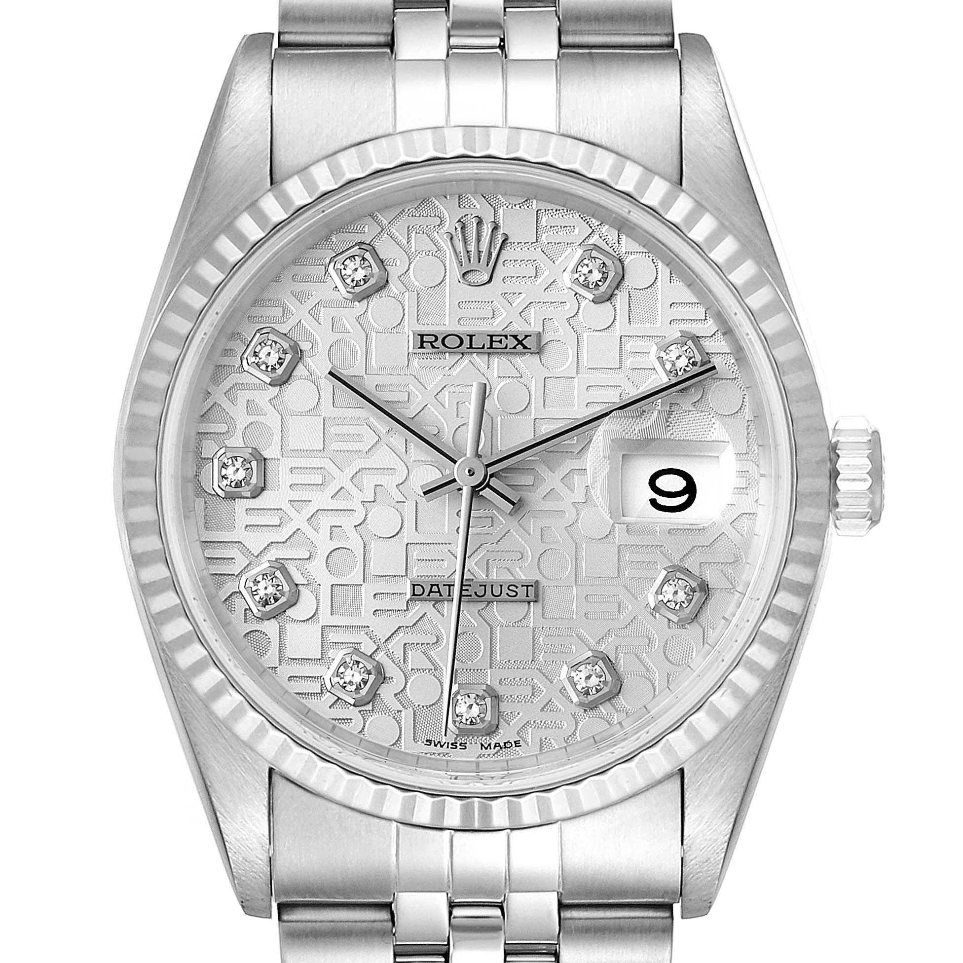 The image shows a front view of the Rolex Datejust 16234 Men's Stainless Steel Silver Dial 16234 Men's Stainless Steel Silver Dial watch, highlighting the face with a date display and diamond markers.