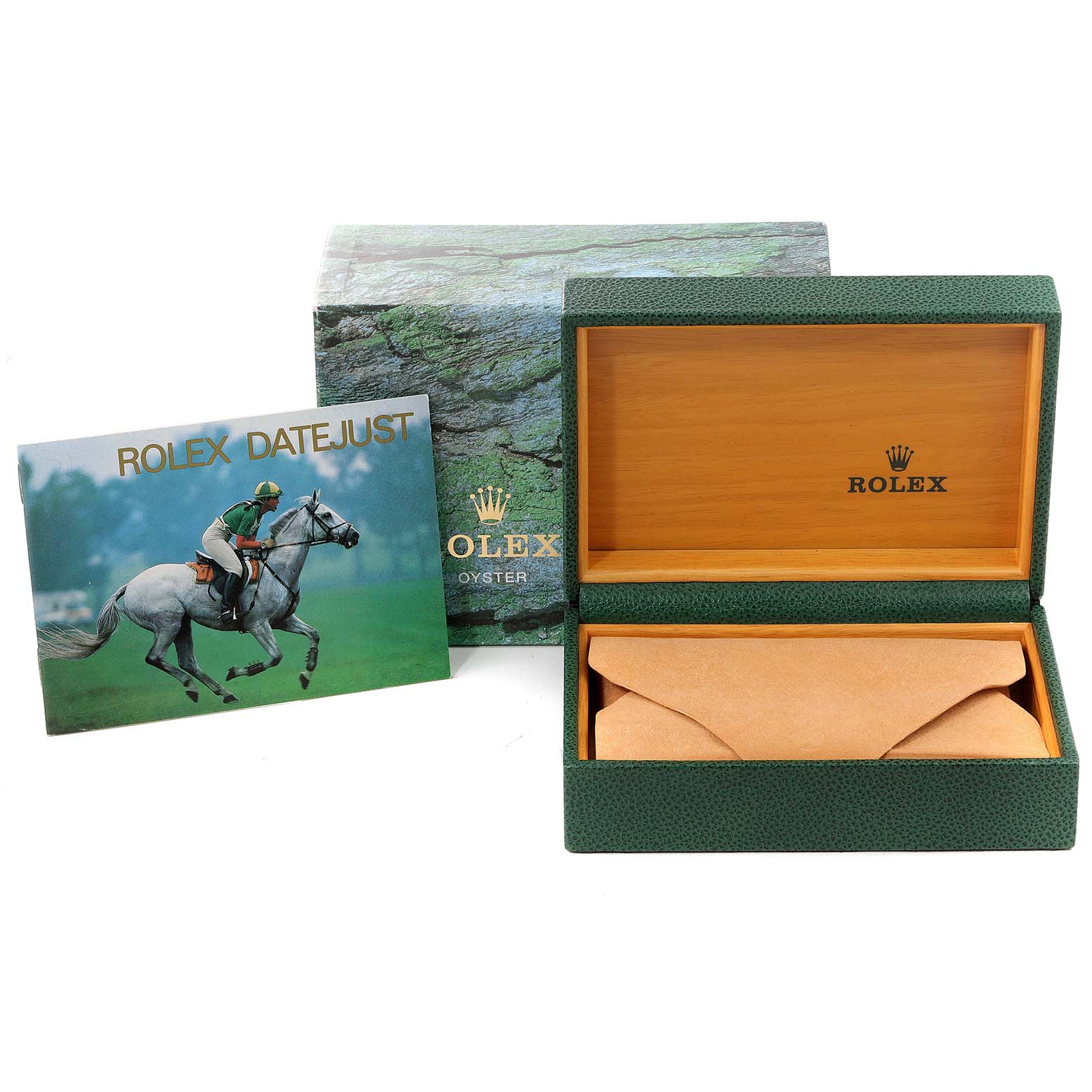 The image shows a Rolex Datejust 16234 Men's Stainless Steel Silver Dial 16234 Men's Stainless Steel Silver Dial booklet, an accompanying card, and an open Rolex watch box with a green exterior and wooden interior.