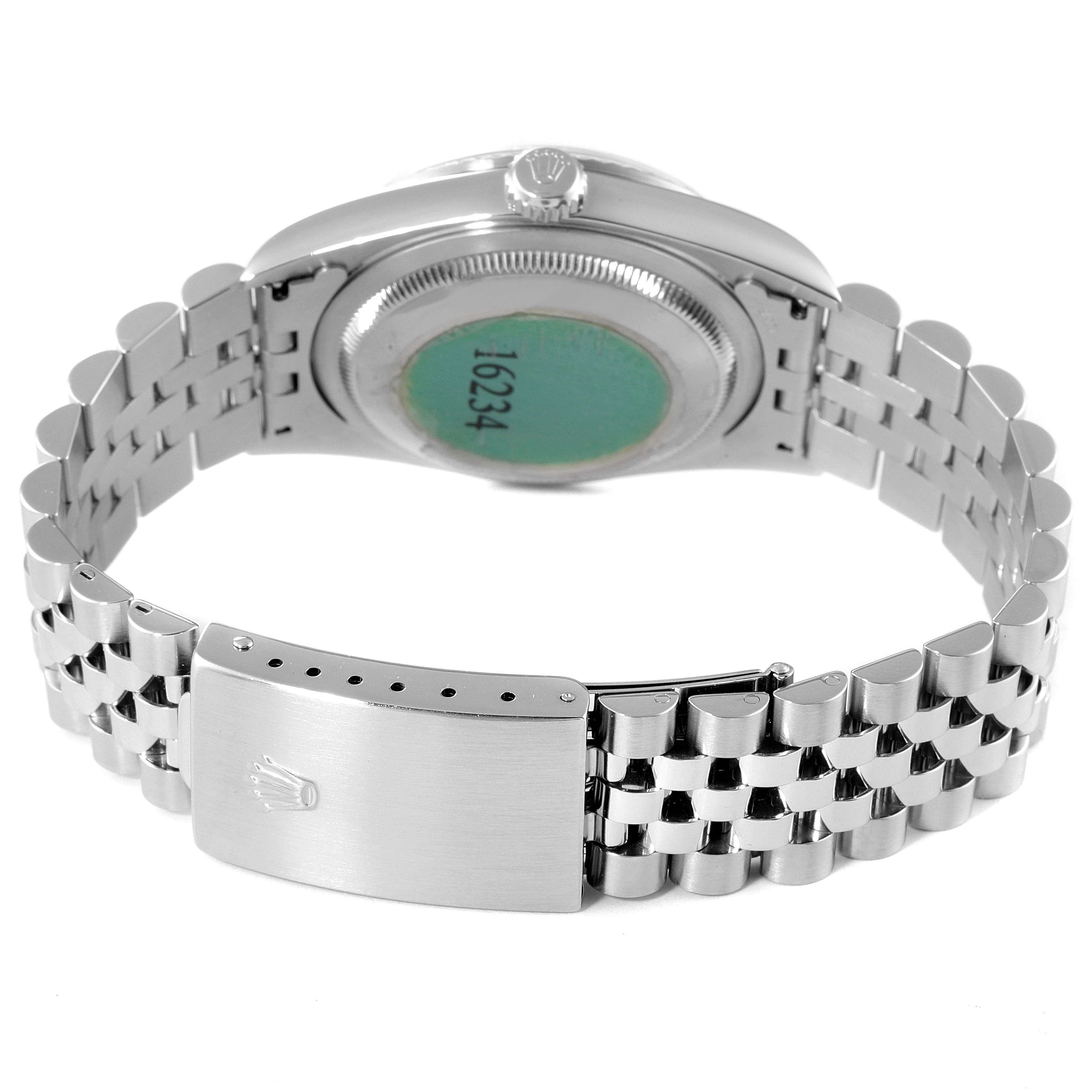 This image shows the back case, bracelet, and clasp of a Rolex Datejust 16234 Men's Stainless Steel Silver Dial 16234 Men's Stainless Steel Silver Dial watch from a rear angle.