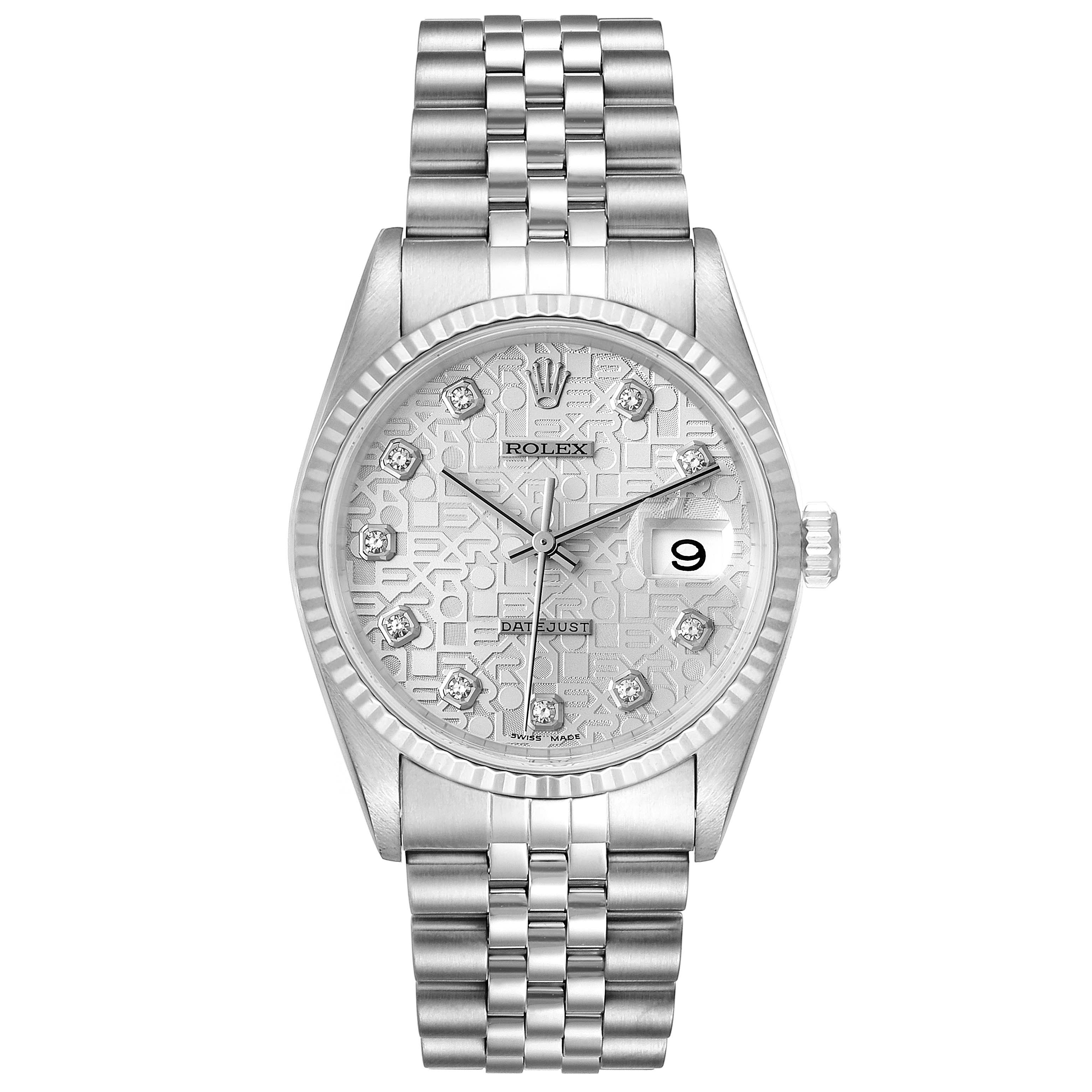 The image shows a front view of a Rolex Datejust 16234 Men's Stainless Steel Silver Dial 16234 Men's Stainless Steel Silver Dial watch, displaying its face, bezel, and bracelet.