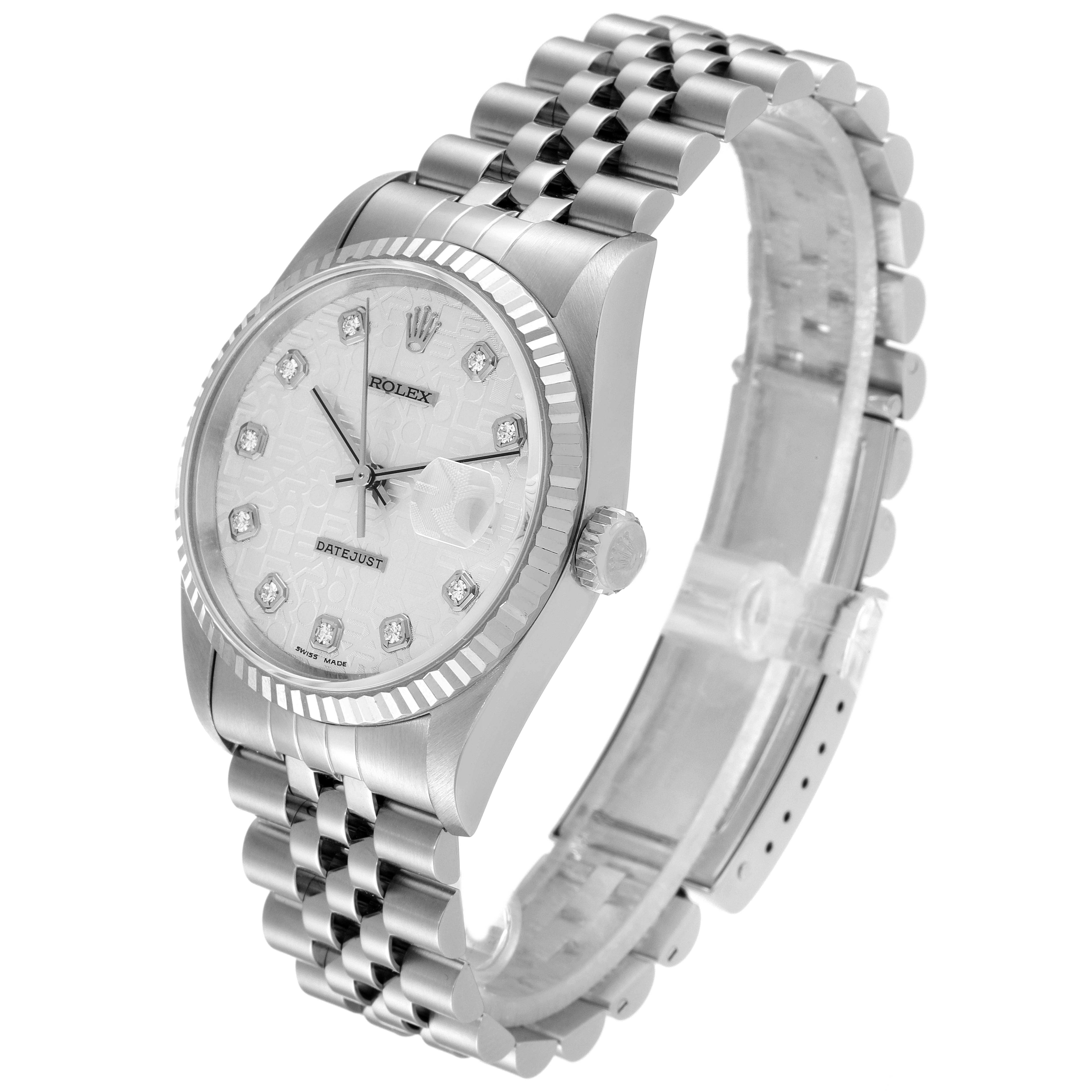 The image shows a side angle of the Rolex Datejust 16234 Men's Stainless Steel Silver Dial 16234 Men's Stainless Steel Silver Dial watch, highlighting its face, bezel, crown, and jubilee bracelet.