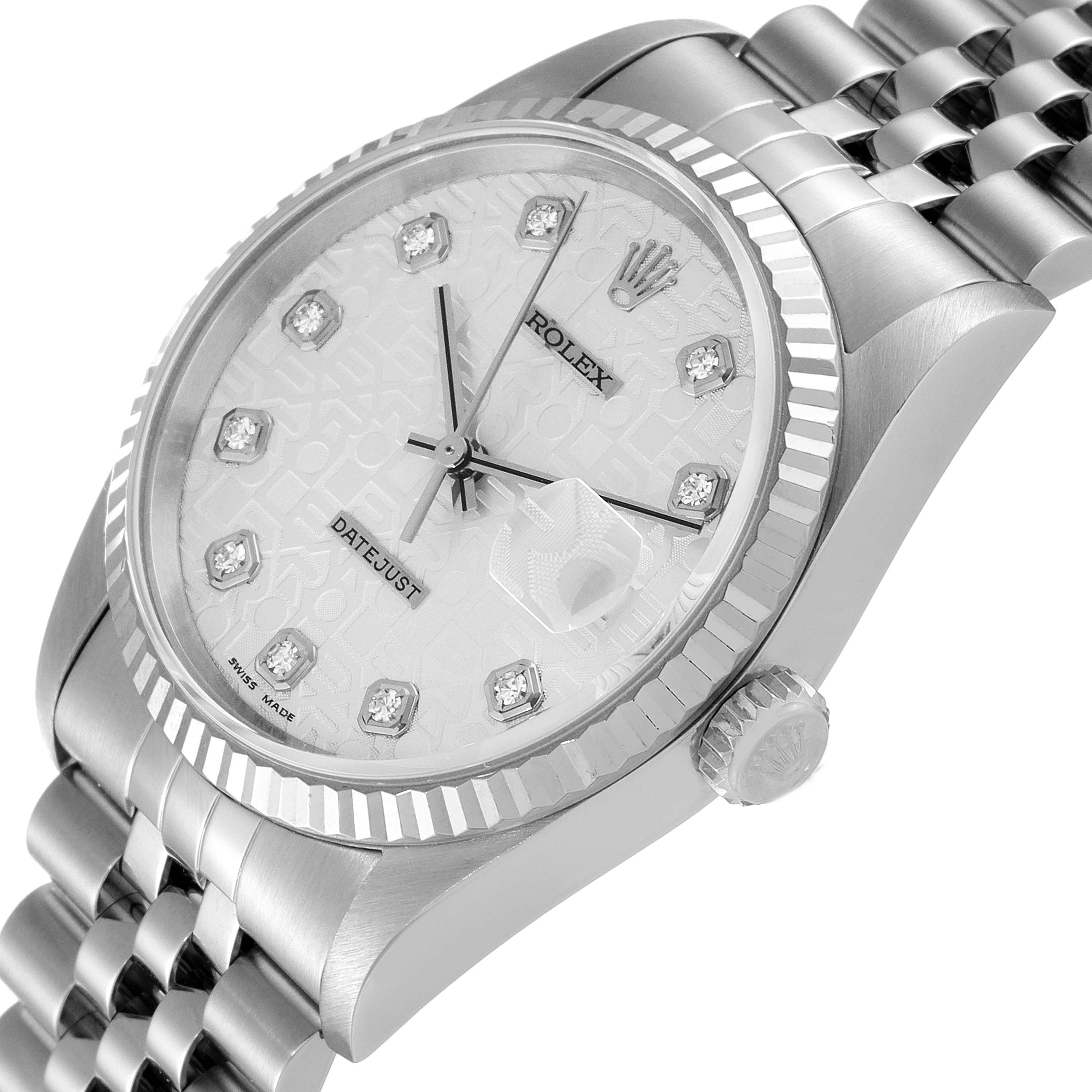 The image shows a close-up side angle of a Rolex Datejust 16234 Men's Stainless Steel Silver Dial 16234 Men's Stainless Steel Silver Dial watch highlighting the dial, bezel, crown, and part of the bracelet.