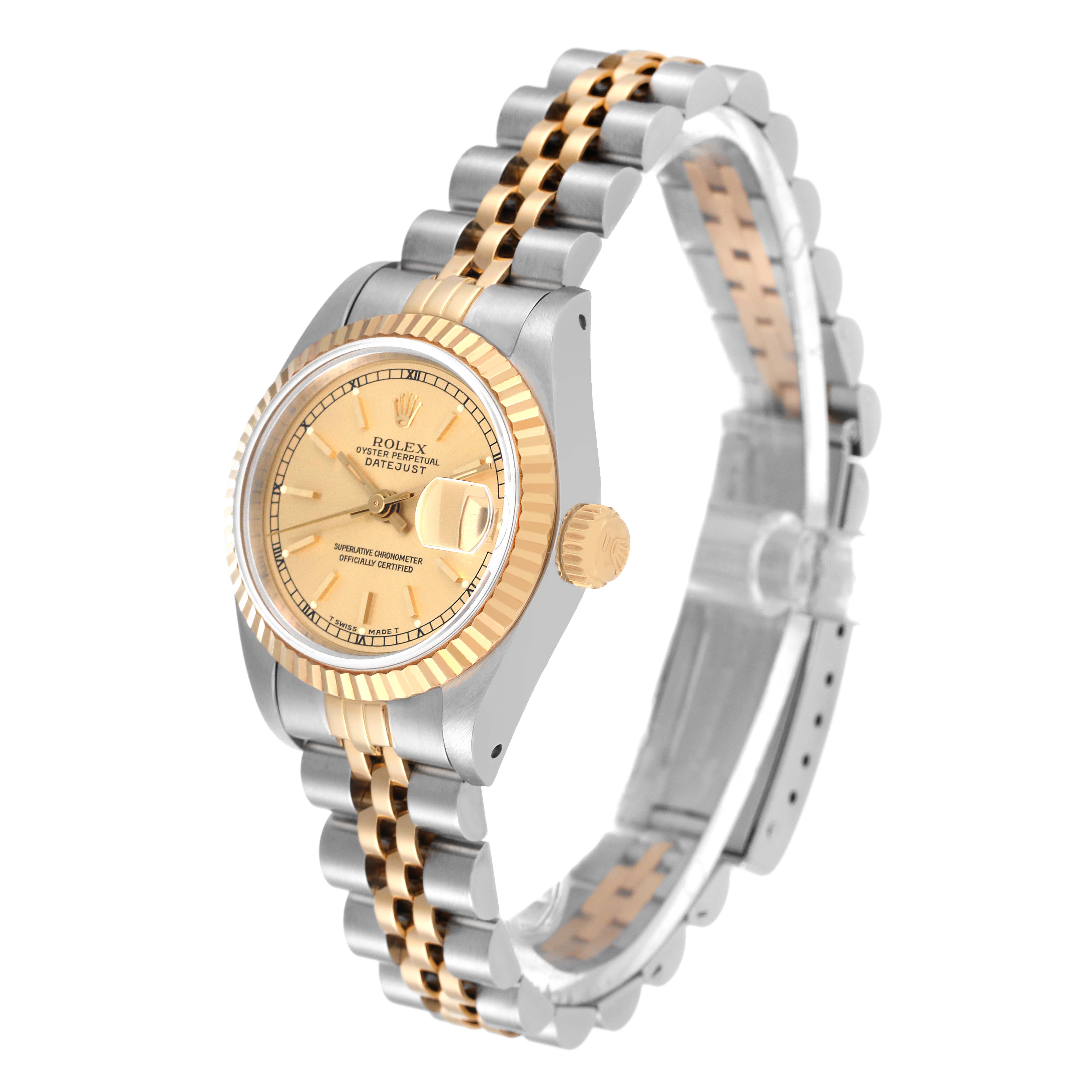 This image shows a Rolex Datejust 69173 Women's Steel and Gold (two tone) Champagne Dial 69173 Women's Steel and Gold (two tone) Champagne Dial watch angled from the right side, highlighting the dial, bezel, crown, and bracelet.
