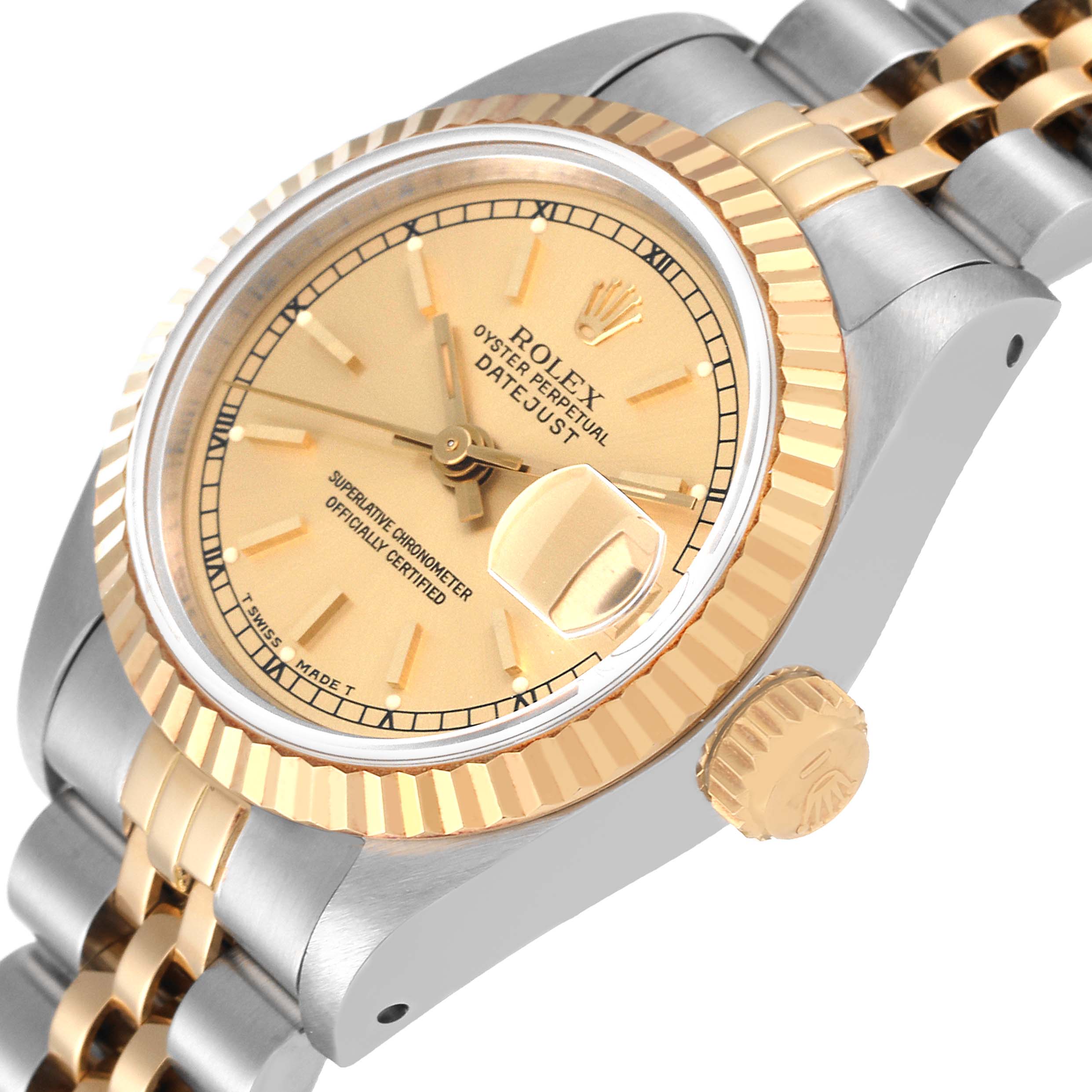 This image shows a close-up angle of a Rolex Datejust 69173 Women's Steel and Gold (two tone) Champagne Dial 69173 Women's Steel and Gold (two tone) Champagne Dial watch's dial, bezel, crown, and part of the two-tone bracelet.