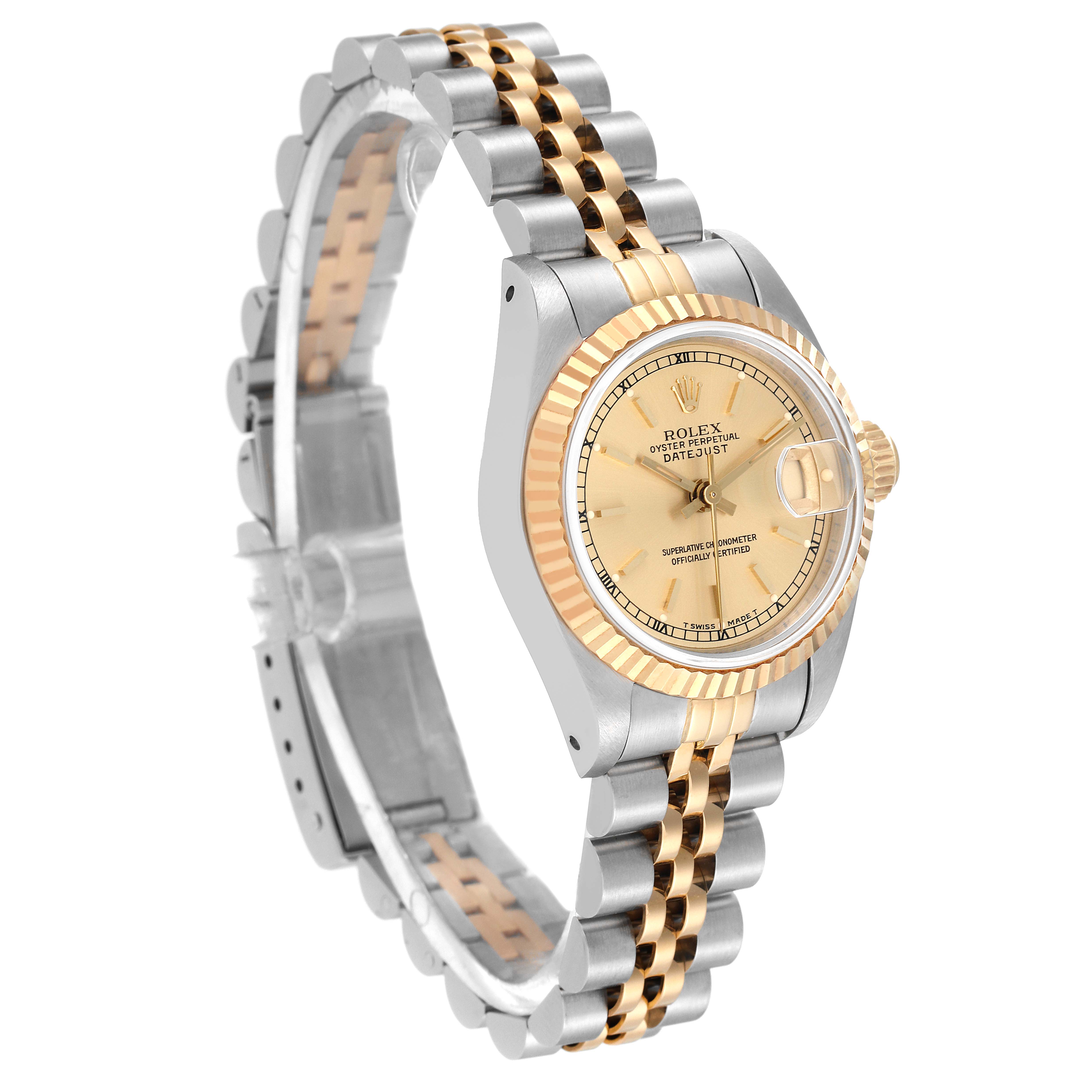 This image shows a side view of the Rolex Datejust 69173 Women's Steel and Gold (two tone) Champagne Dial 69173 Women's Steel and Gold (two tone) Champagne Dial watch, highlighting the two-tone bracelet and fluted bezel.