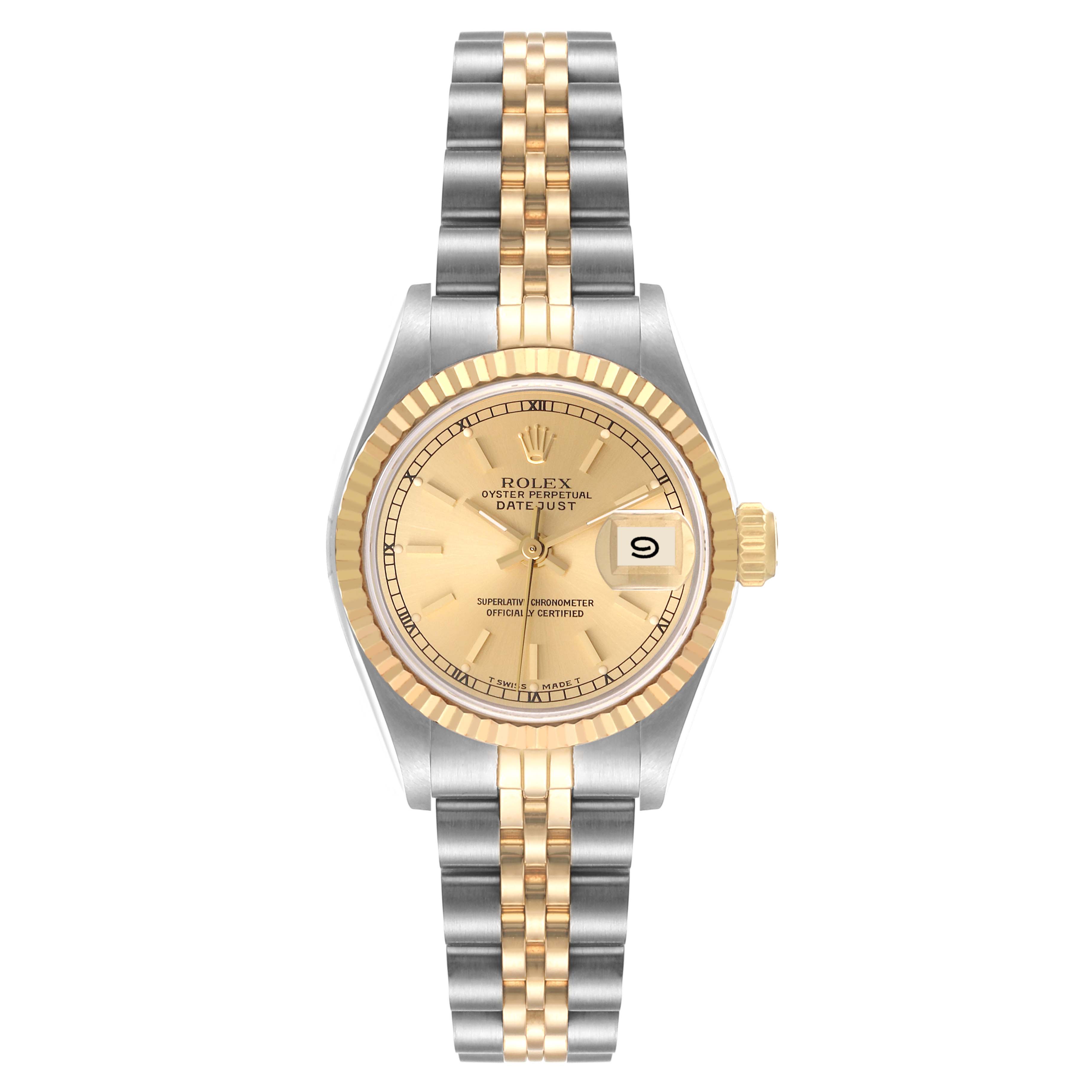 This image shows a front view of a Rolex Datejust 69173 Women's Steel and Gold (two tone) Champagne Dial 69173 Women's Steel and Gold (two tone) Champagne Dial watch highlighting its gold bezel, dial, and two-tone bracelet.