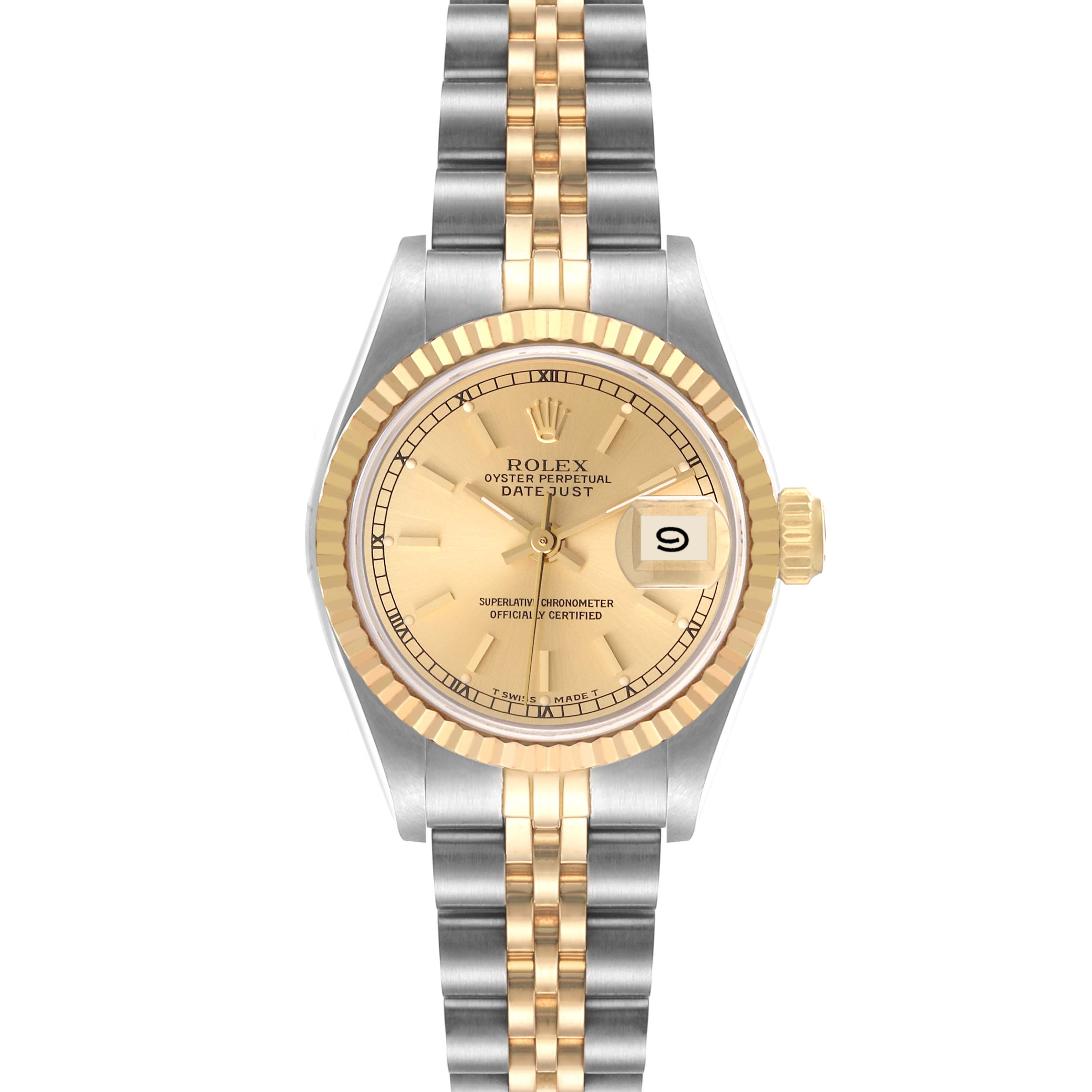 The image shows a front view of the Rolex Datejust 69173 Women's Steel and Gold (two tone) Champagne Dial 69173 Women's Steel and Gold (two tone) Champagne Dial watch, highlighting its two-tone band, gold bezel, and champagne dial with date window.