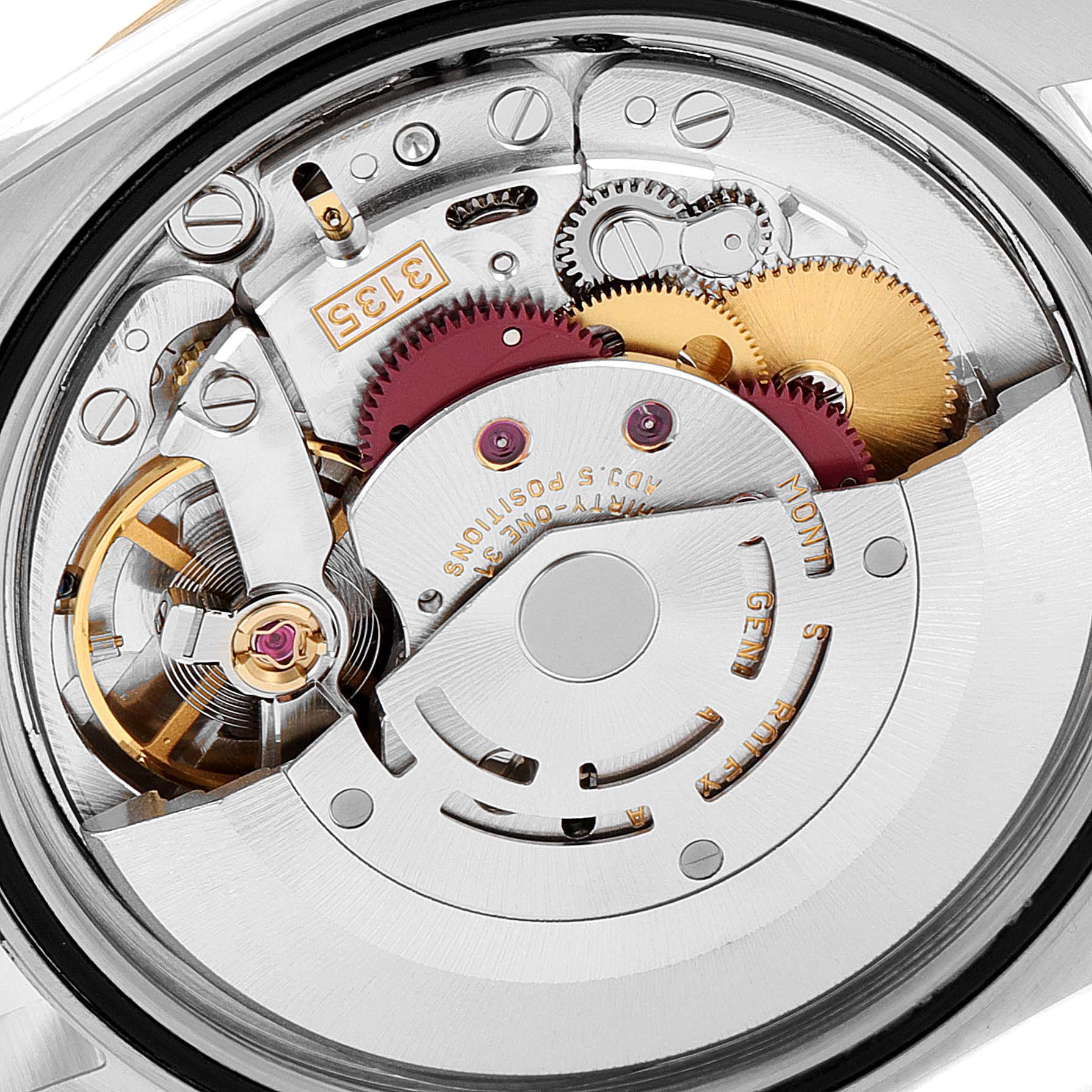 Close-up of the movement and internal mechanics of a Rolex Datejust 16233 Men's Steel and Gold (two tone) Champagne Dial 16233 Men's Steel and Gold (two tone) Champagne Dial watch shown from the rear side.