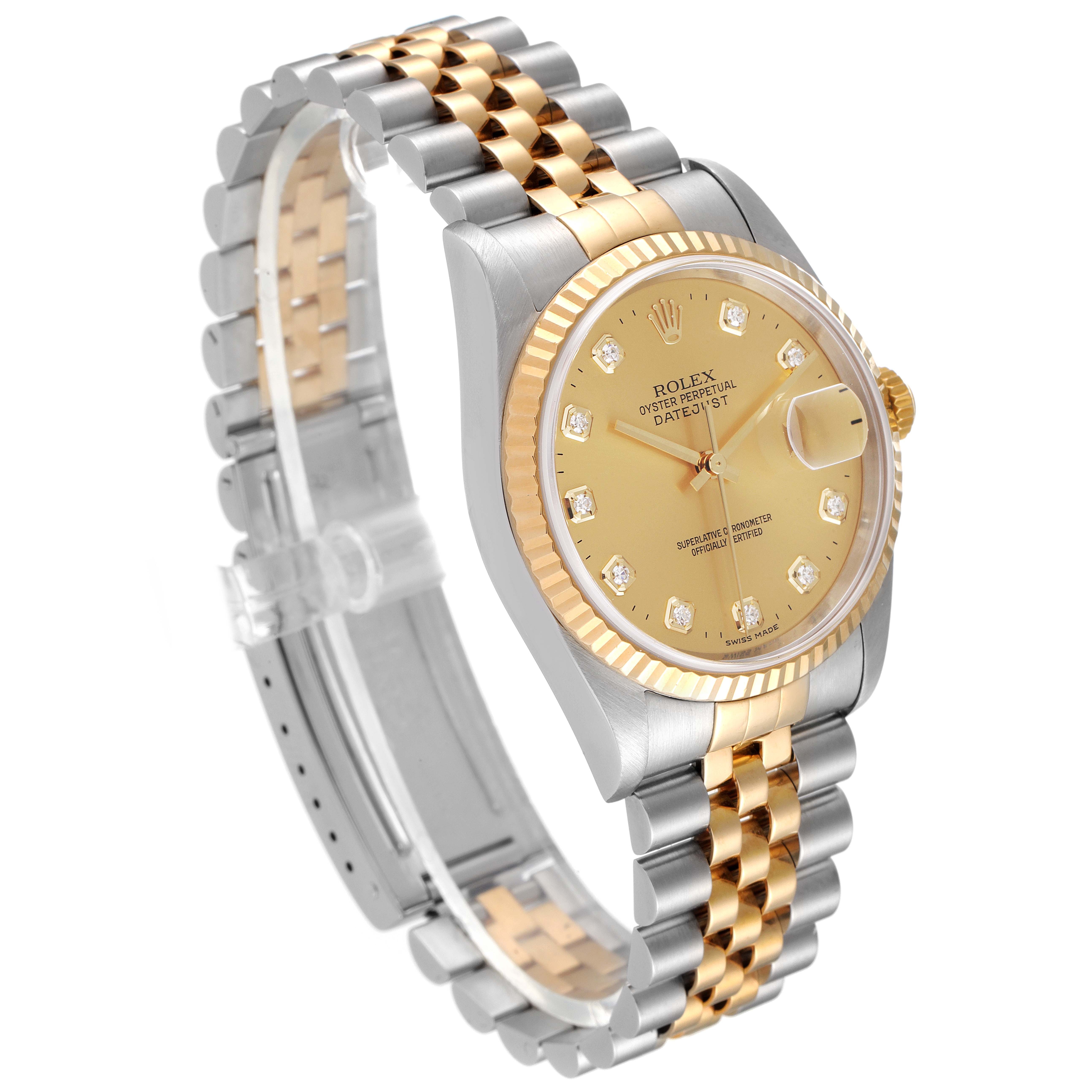 The Rolex Datejust 16233 Men's Steel and Gold (two tone) Champagne Dial 16233 Men's Steel and Gold (two tone) Champagne Dial watch is shown at a side angle, displaying its two-tone bracelet, fluted bezel, and champagne dial.