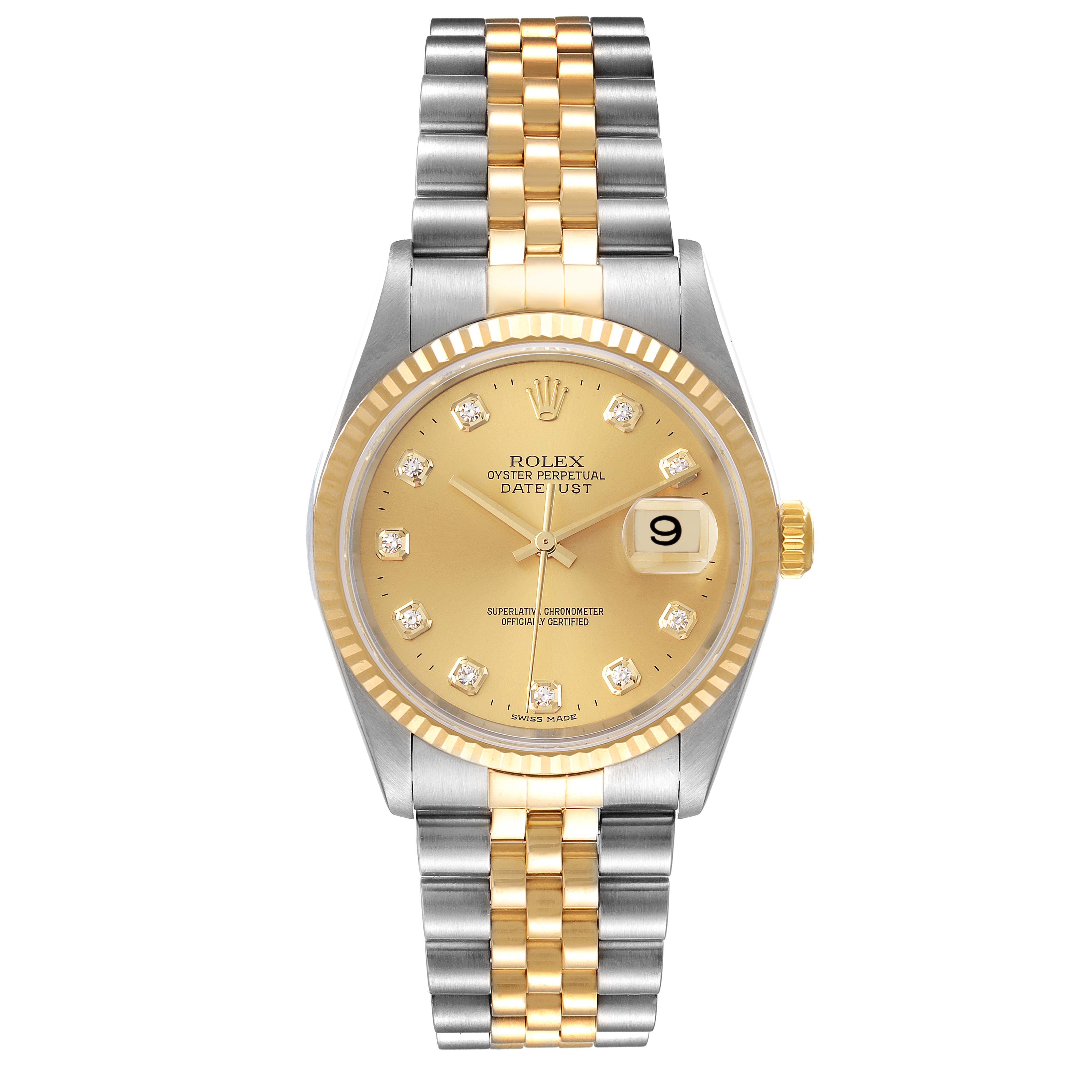 This is a front view of the Rolex Datejust 16233 Men's Steel and Gold (two tone) Champagne Dial 16233 Men's Steel and Gold (two tone) Champagne Dial, showing its gold dial, diamond hour markers, and two-tone bracelet.